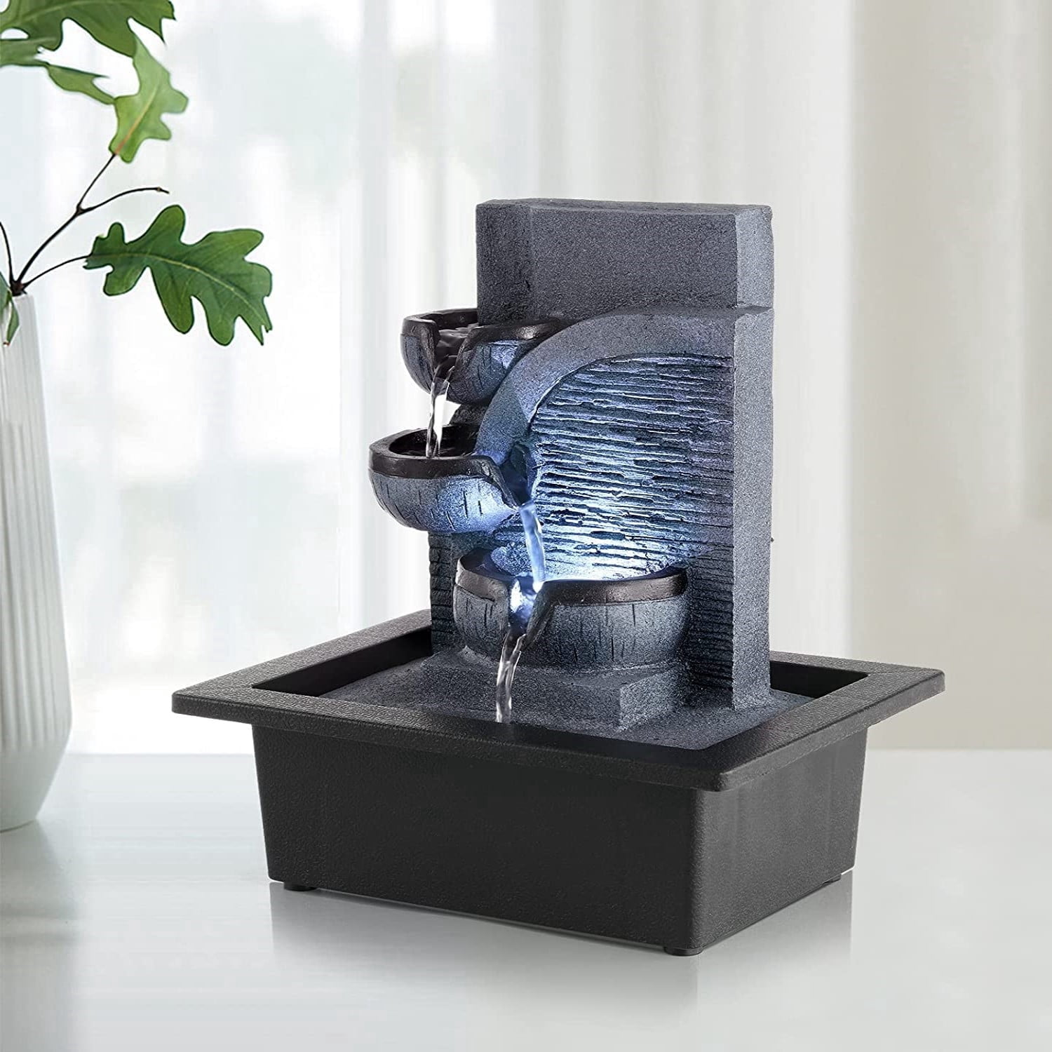 BEAMNOVA 10.6"Tall Tabletop Water Fountain, 3 Tier Flowing Bowls Waterfall Desktop Fountain Indoor Decor, White Light