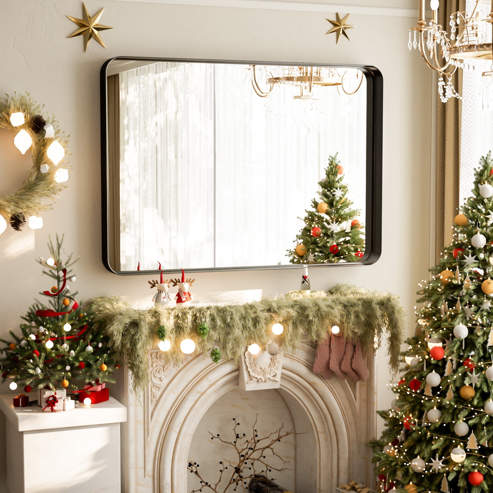 BEAUTYPEAK Bathroom Mirror 24x36 inch, Modern Round Corner Vanity Wall Mirror,Black