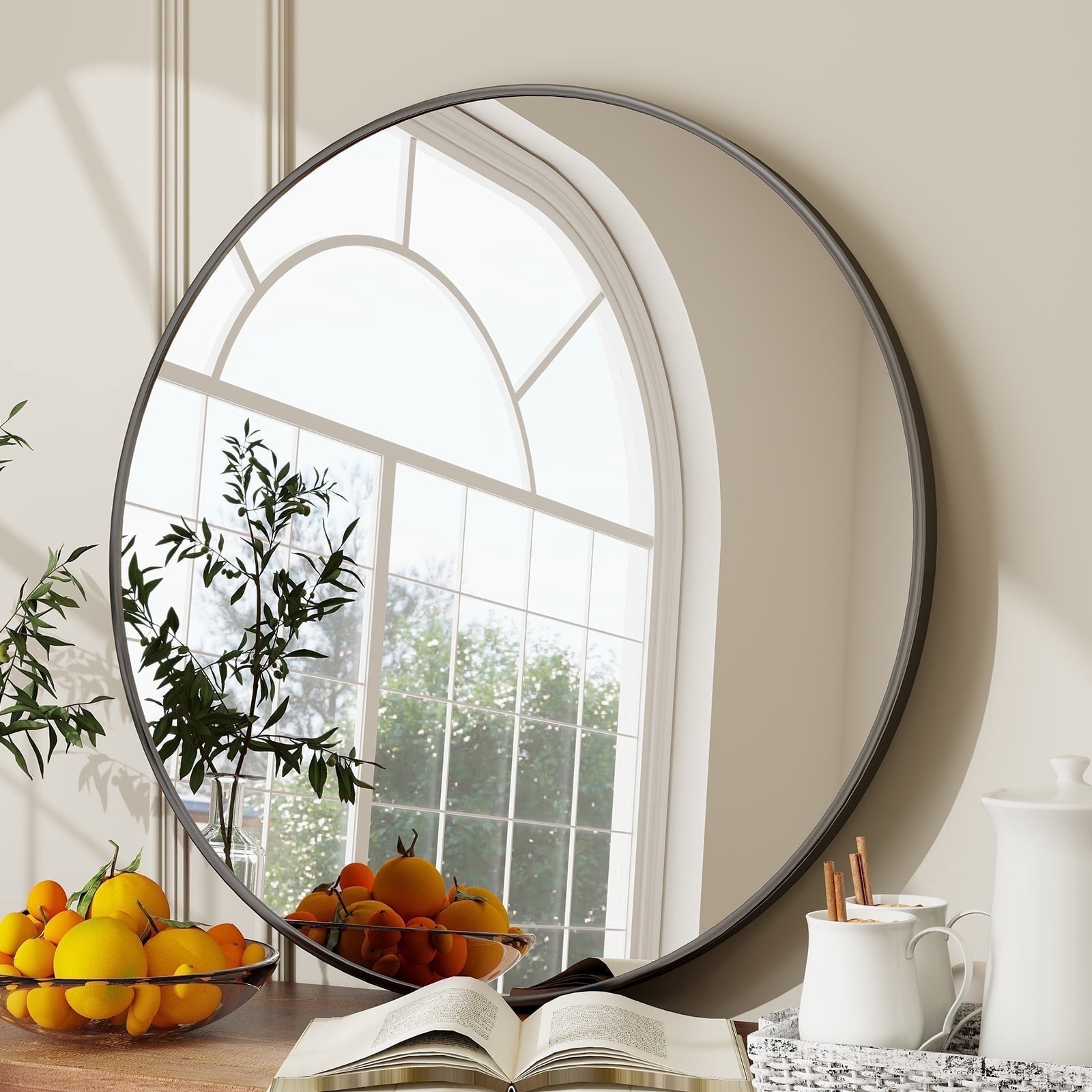 BEAUTYPEAK 30" Wall Mirror Bathroom Mirror Wall Mounted Round Mirror, Black