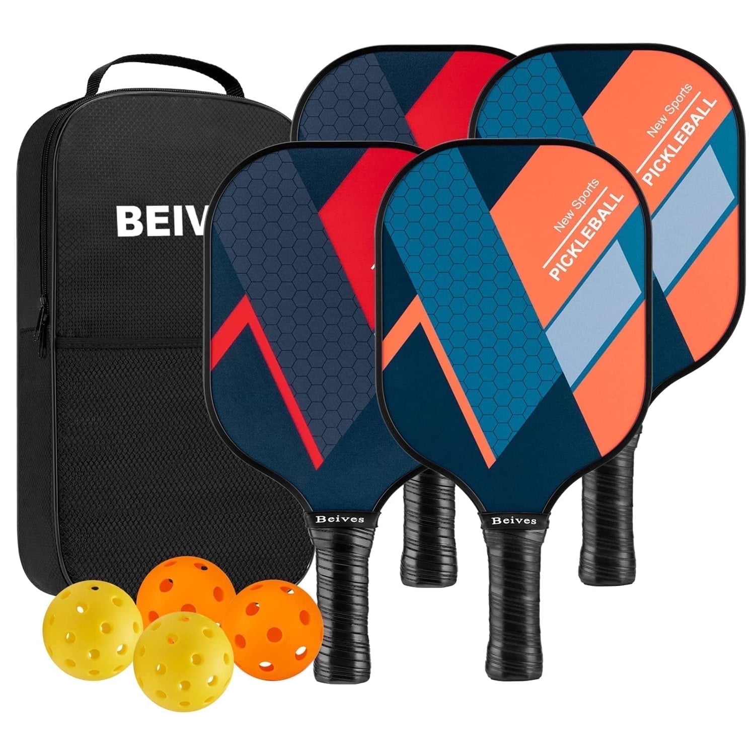 BEIVES Fiberglass Pickleball Paddle Set - 4-Player Kit with 4 Pickle Balls & Portable Carry Bag - Lightweight Design for Indoor/Outdoor Play (Beginner to Advanced)