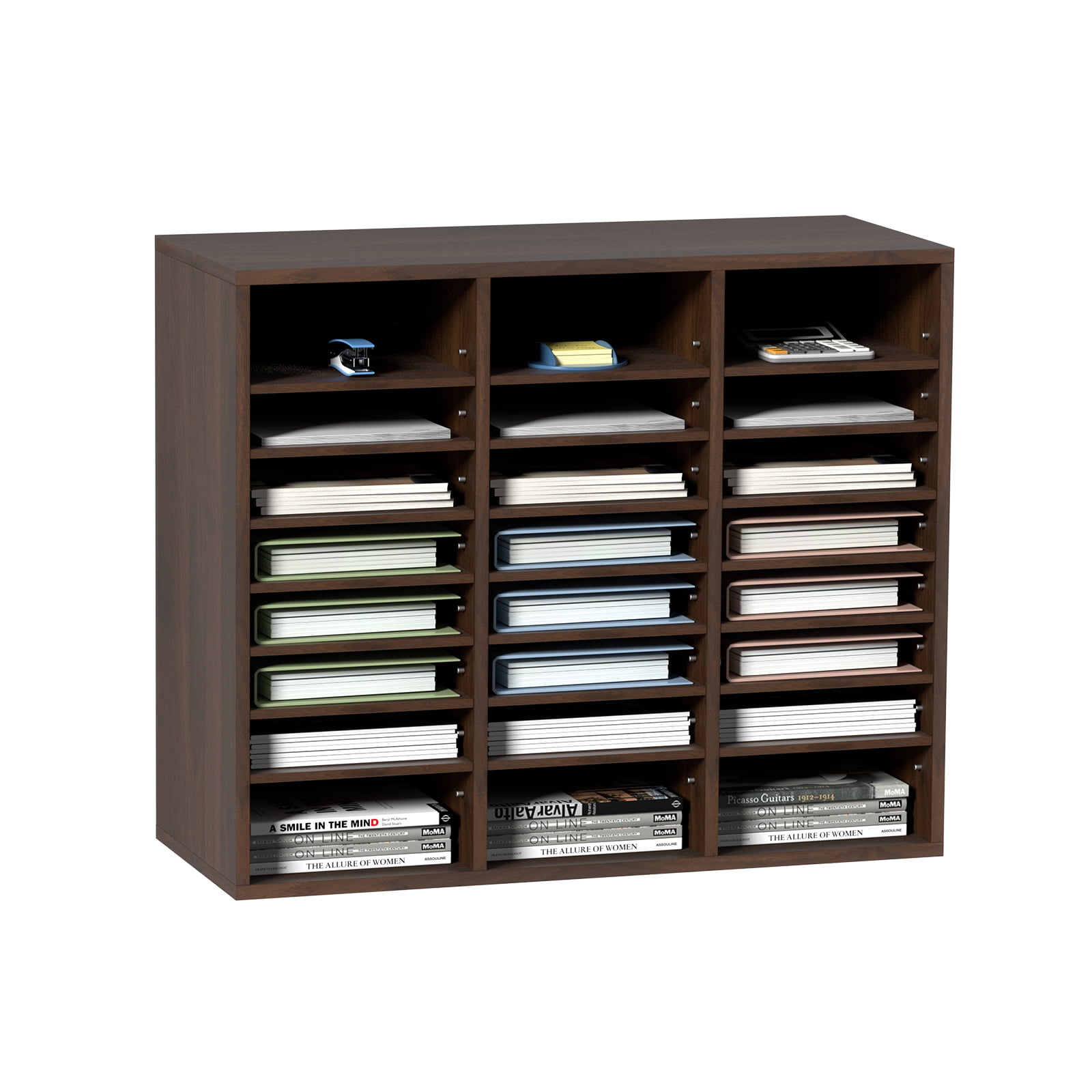 VEVOR Wood Literature Organizer Adjustable File Sorter 24 Compartments Countertop Literature Organizer Paper Storage Holder Brown