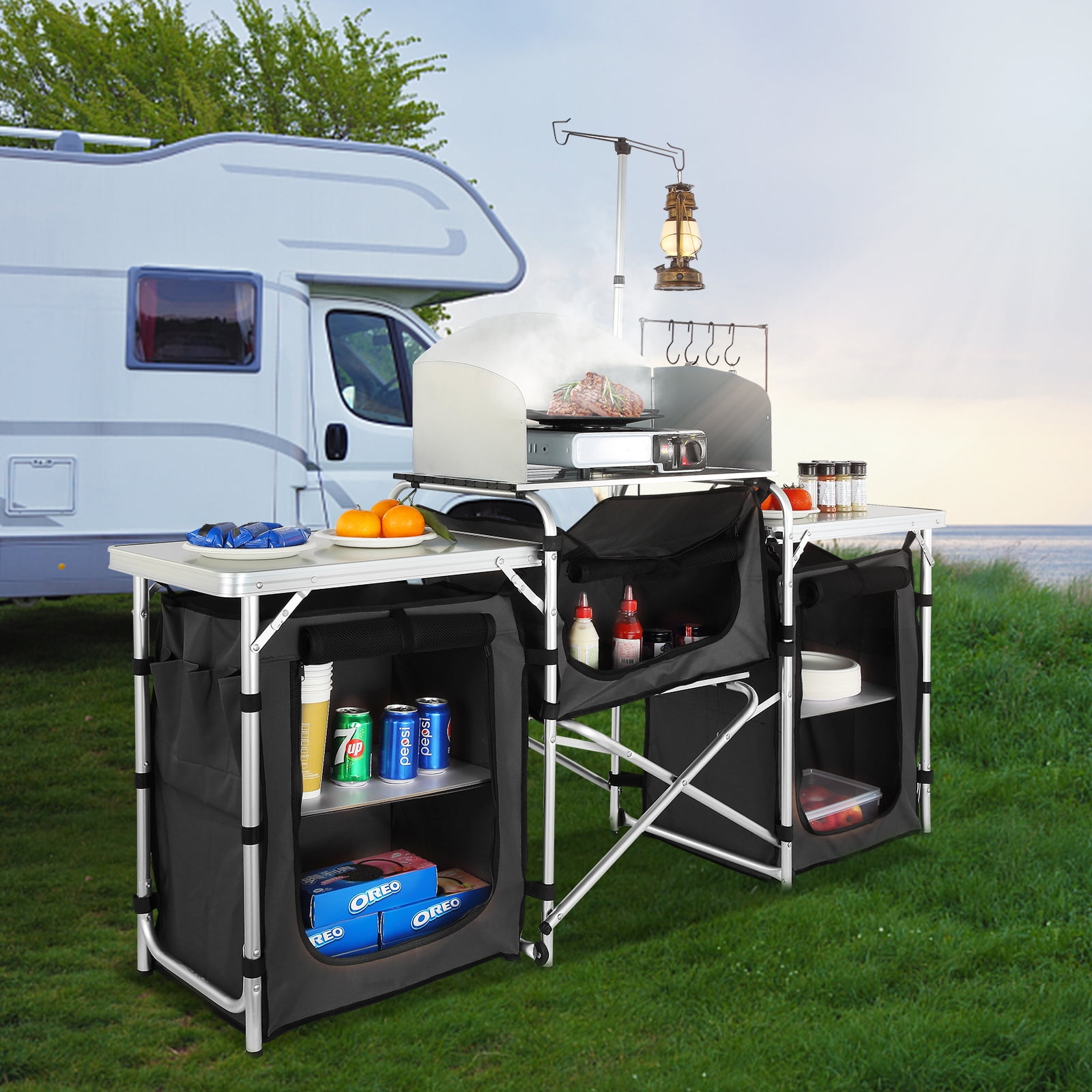 VEVOR Camping Kitchen Table Folding Portable Cook Table 3 Cupboards Black