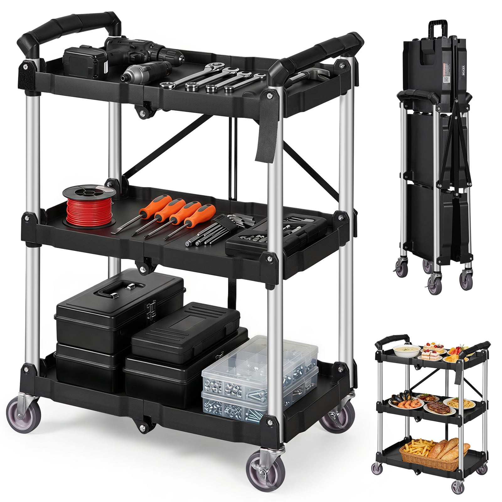 VEVOR Foldable Utility Service Cart 3 Shelf 165lbs with Swivel Lockable Wheels