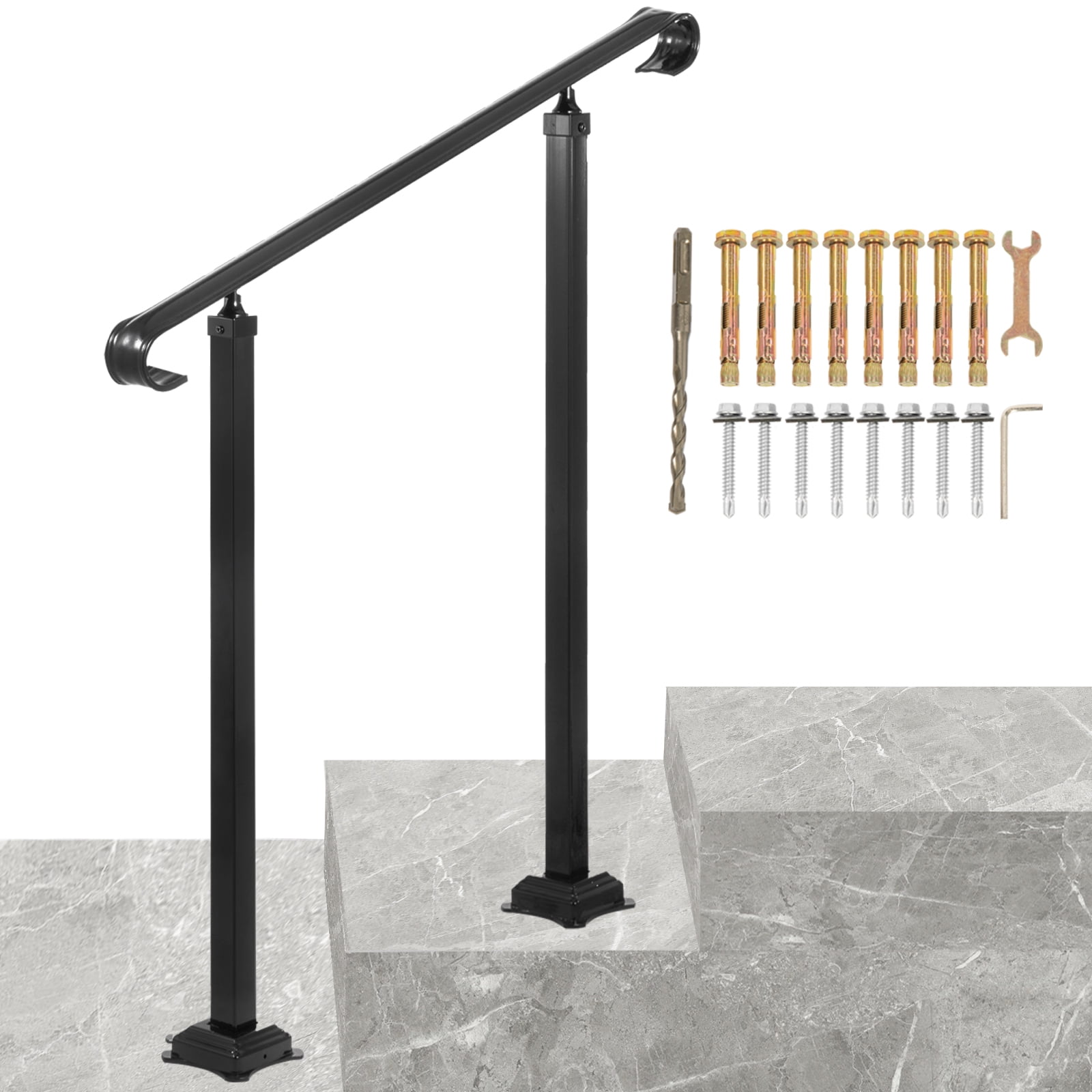 BENTISM Handrail for Stairs Fit 1 or 2 Steps Wrought Iron Handrail,Outdoor Stair Railing, Height Adjustable Front Porch Hand Rail, Black