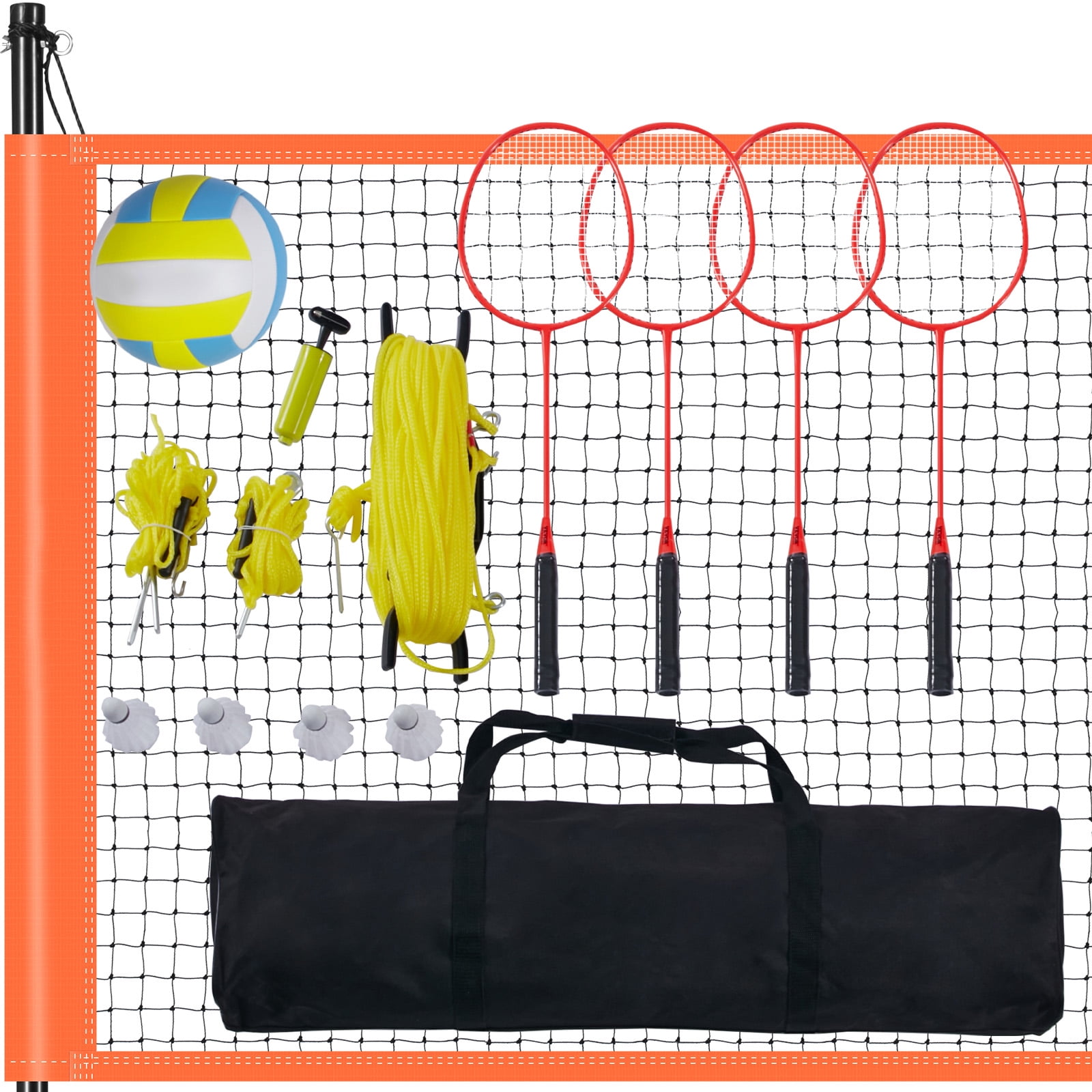 VEVOR Outdoor Volleyball and Badminton Combo Net Set Portable Height Adjustable Steel Poles, Professional Combo Set with PVC Volleyball, Pump, Plastic Badminton, Carrying Bag