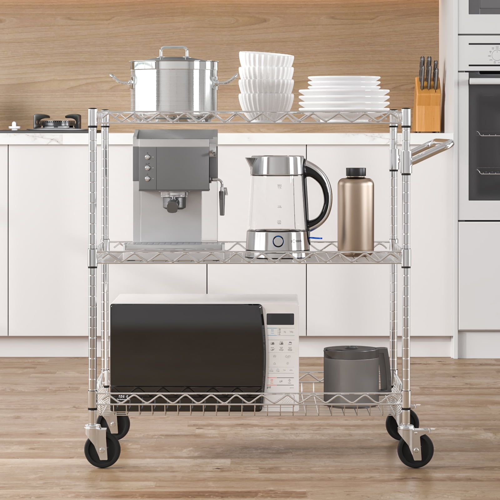 VEVOR 3-Tier Utility Cart Rolling Cart on Wheels 30"x18"x32.4" 661 lbs 6 Hooks