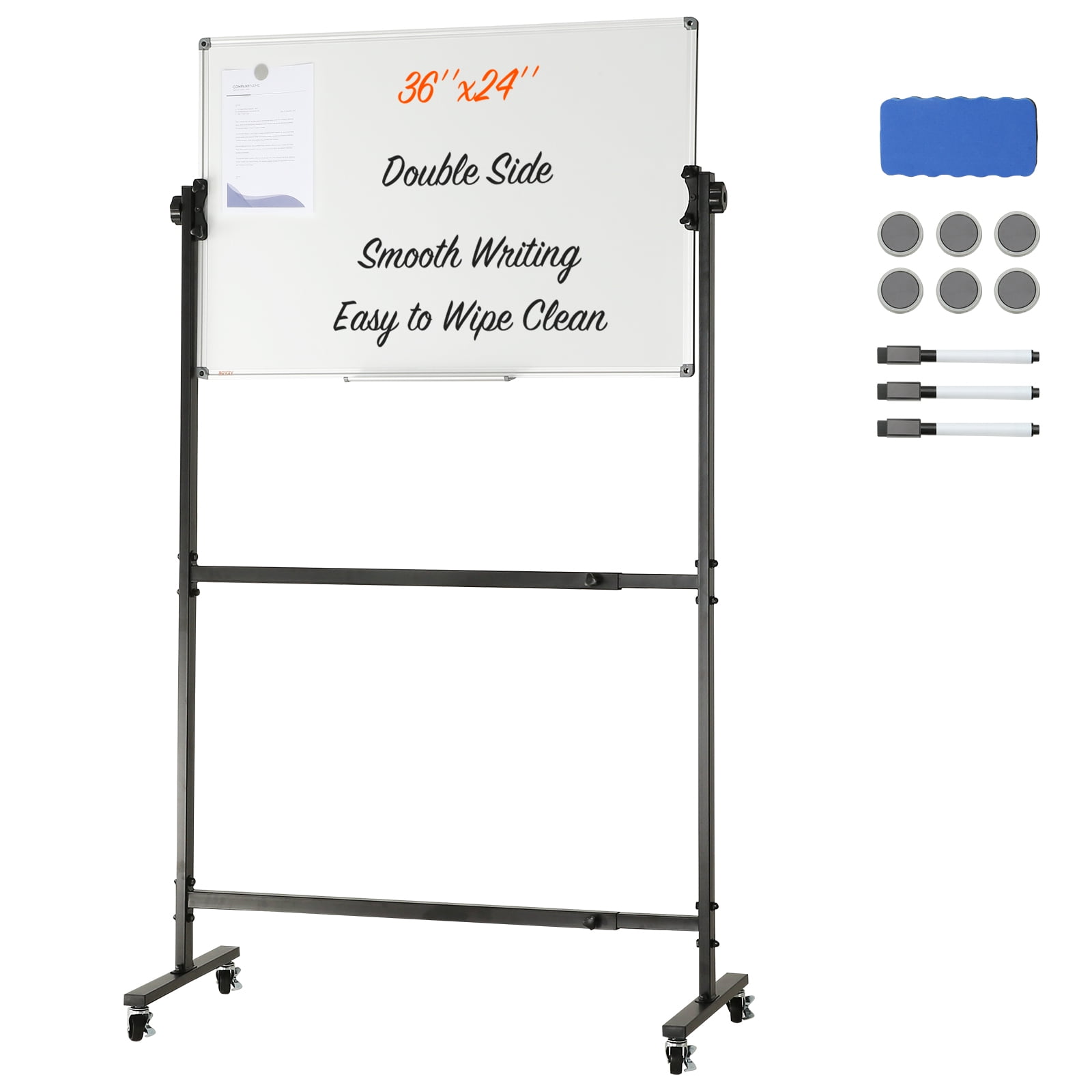 VEVOR 36 x 24" Rolling Magnetic Whiteboard Double-sided Mobile Whiteboard 360 Degree Reversible Rolling Dry Erase Board Height Adjustable with Lockable Swivel Wheels for Office School Home