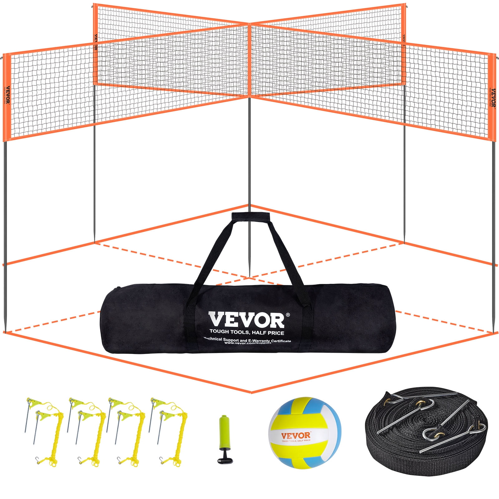 BENTISM 4-Way Volleyball Net ,Four Square Badminton Net Adjustable Heights- Backyard & Beach Game Set w/ Volleyball Ball & Carry Bag & Pump for Adults Kids, Quick Assemble