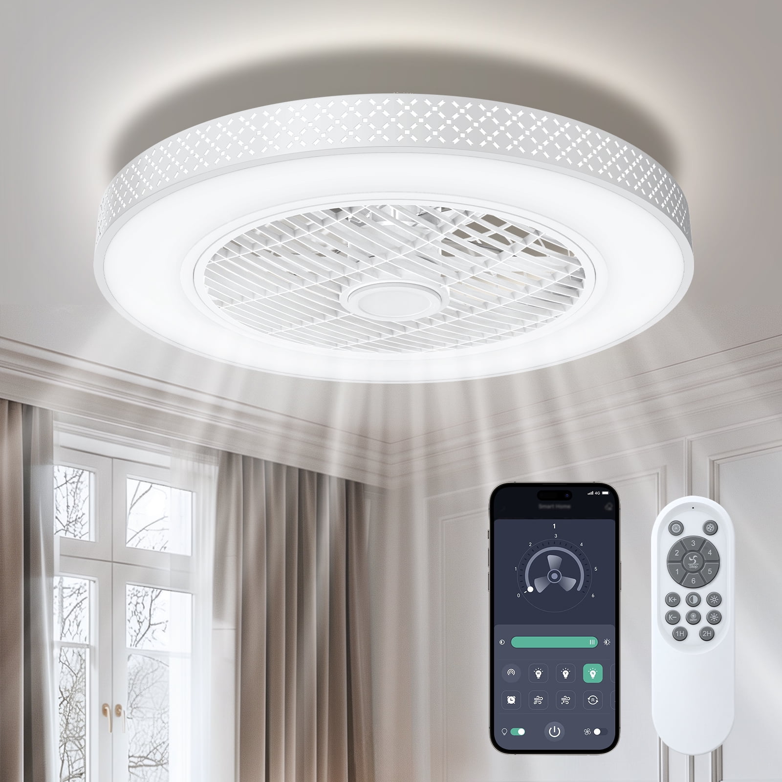 BLITZWILL 20 in Round Ceiling Fans with Lights, Dimmable Color Temperature and 6 Speeds, Remote & APP Control, Flush Mount Bladeless Reversible Motor, White