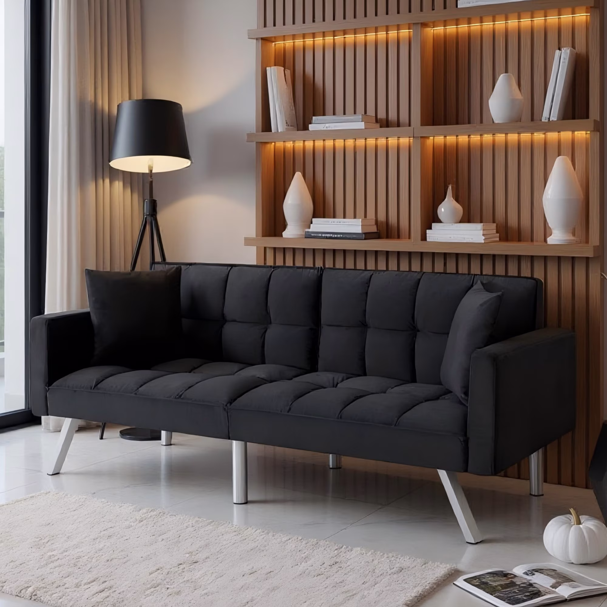 BSHTI Convertible Velve Sofa Bed,Velvet Futon Sofa ,Sleeper Couch with Armrest and 2 Pillows for Livingroom