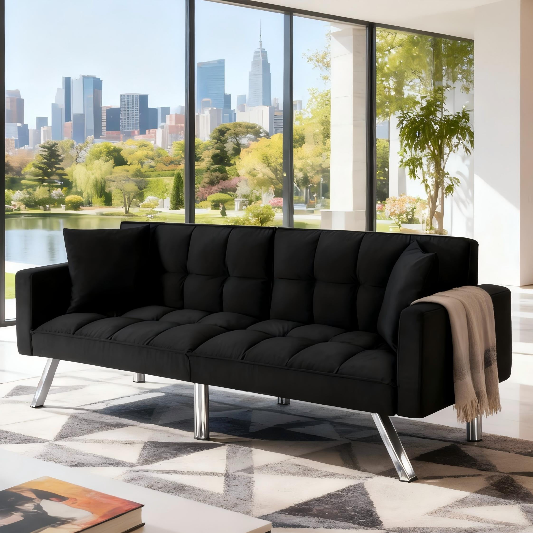 BSHTI Modern Velvet Futon Sofa Bed,Upholstered Tufted Convertible Sofa Sleeper with 2 Pillow(Black)