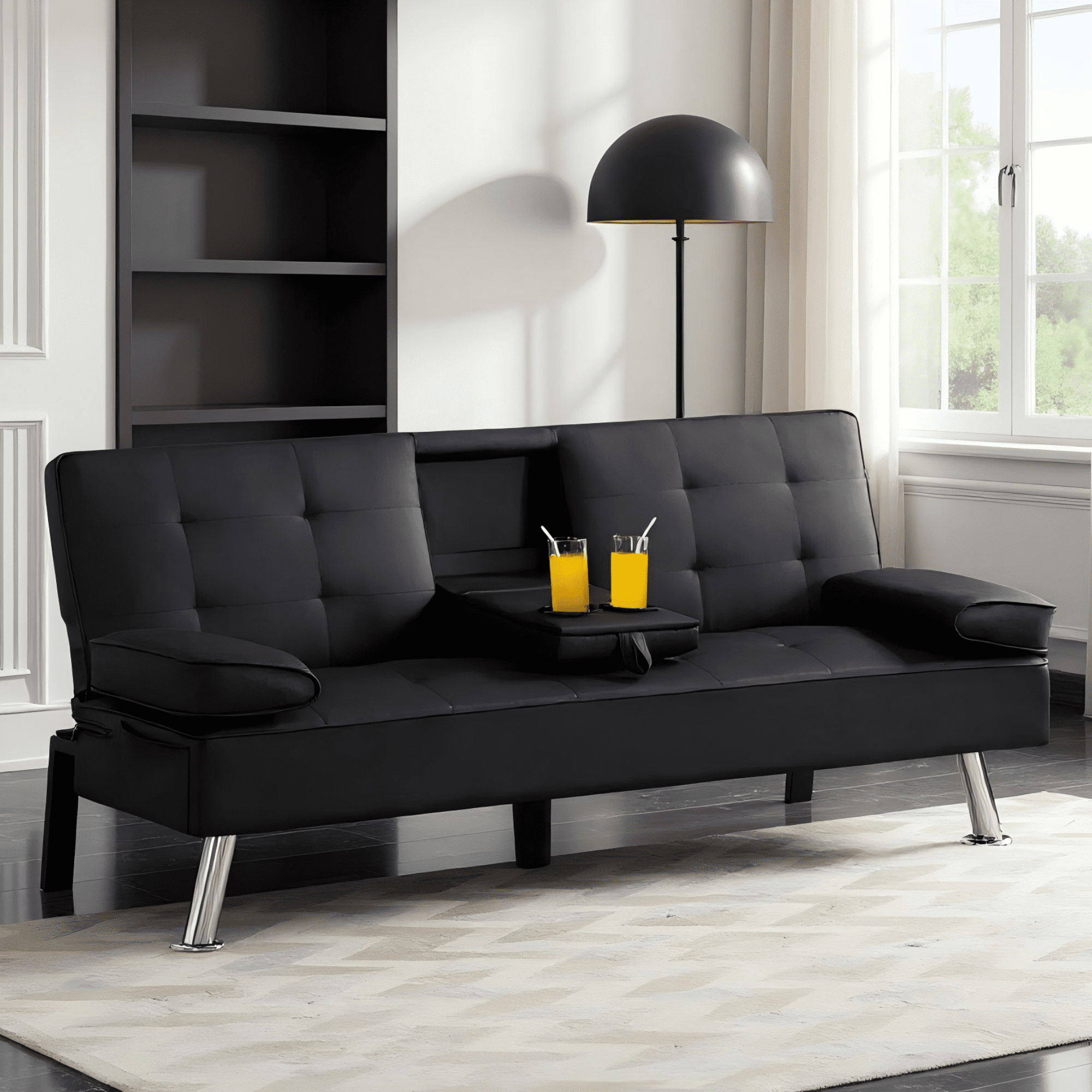 BSHTI 65.3” Futon Sleeper Sofa Bed,Tailored PU Upholstery Futon Sleeper,3 Angles for Adjusting Sofa,for Home,Office,and Guest Room Black