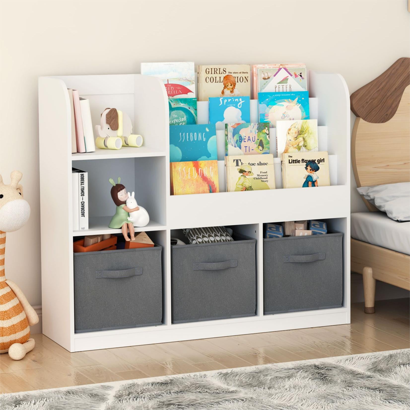 Bianlte Kids Bookcase and Bookshelf,Multifunctional Bookcase with 3 Collapsible Fabric Drawers,Bookcase Display Stand,Toy Storage Organizer for Bedroom,Playroom,Hallway,White/Gray