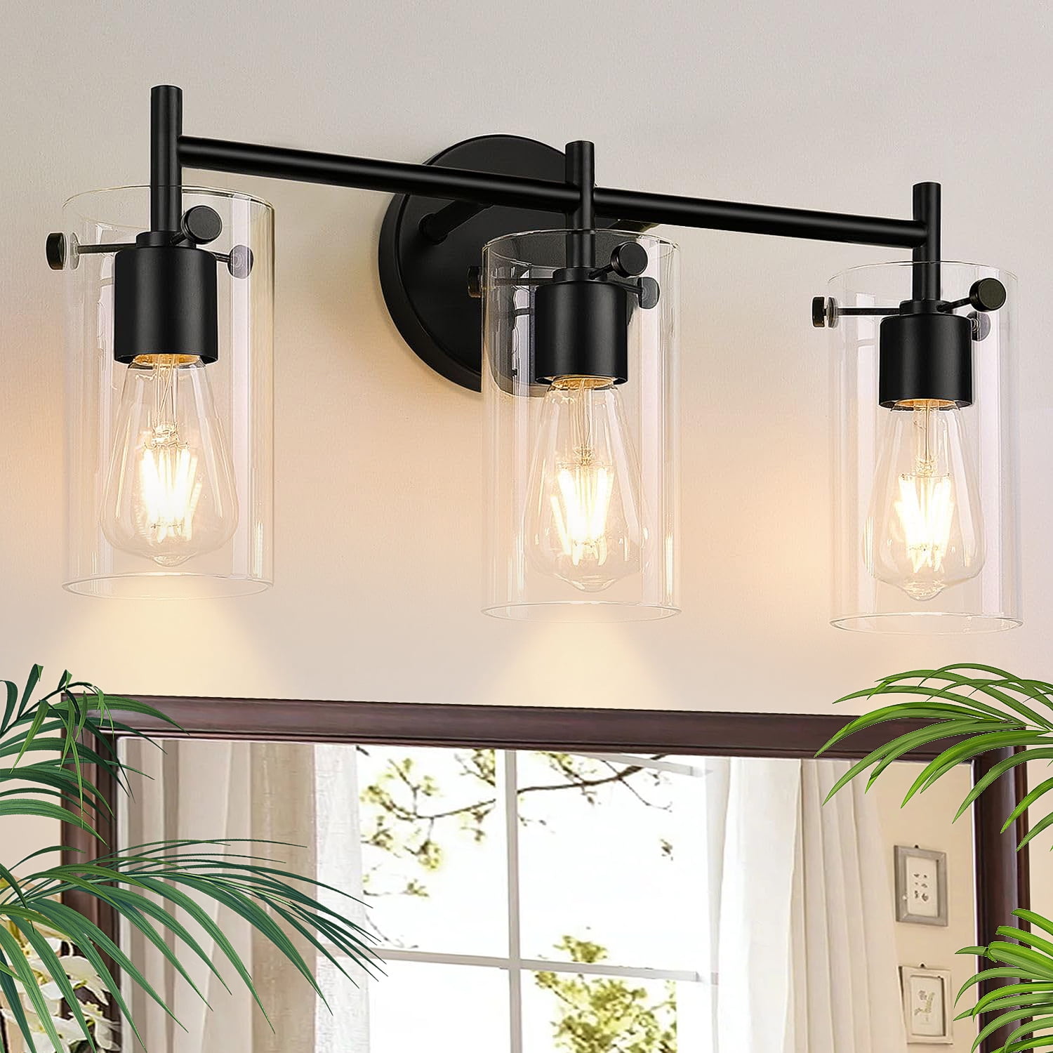 Binsuca Bathroom Light Fixtures, 3-Light Matte Black Bathroom Vanity Light, Black Bathroom Lights Over Mirror with Clear Glass Shade, Bathroom Wall Sconces for Mirror Bedroom Living Room Hallway