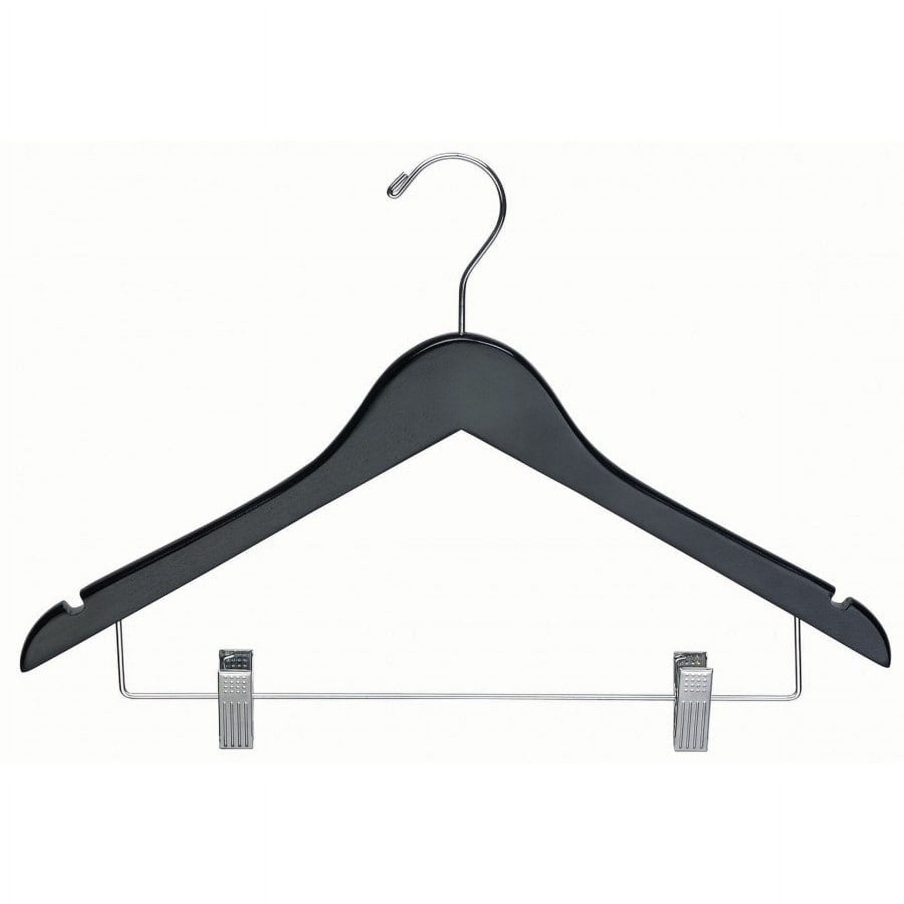 Black Wood Combo Hanger w/ Cushion Clips, Box of 100 Space Saving 17 Inch Flat Wooden Hangers w/ Chrome Swivel Hook & Notches for Shirt Jacket or Dress by International Hanger