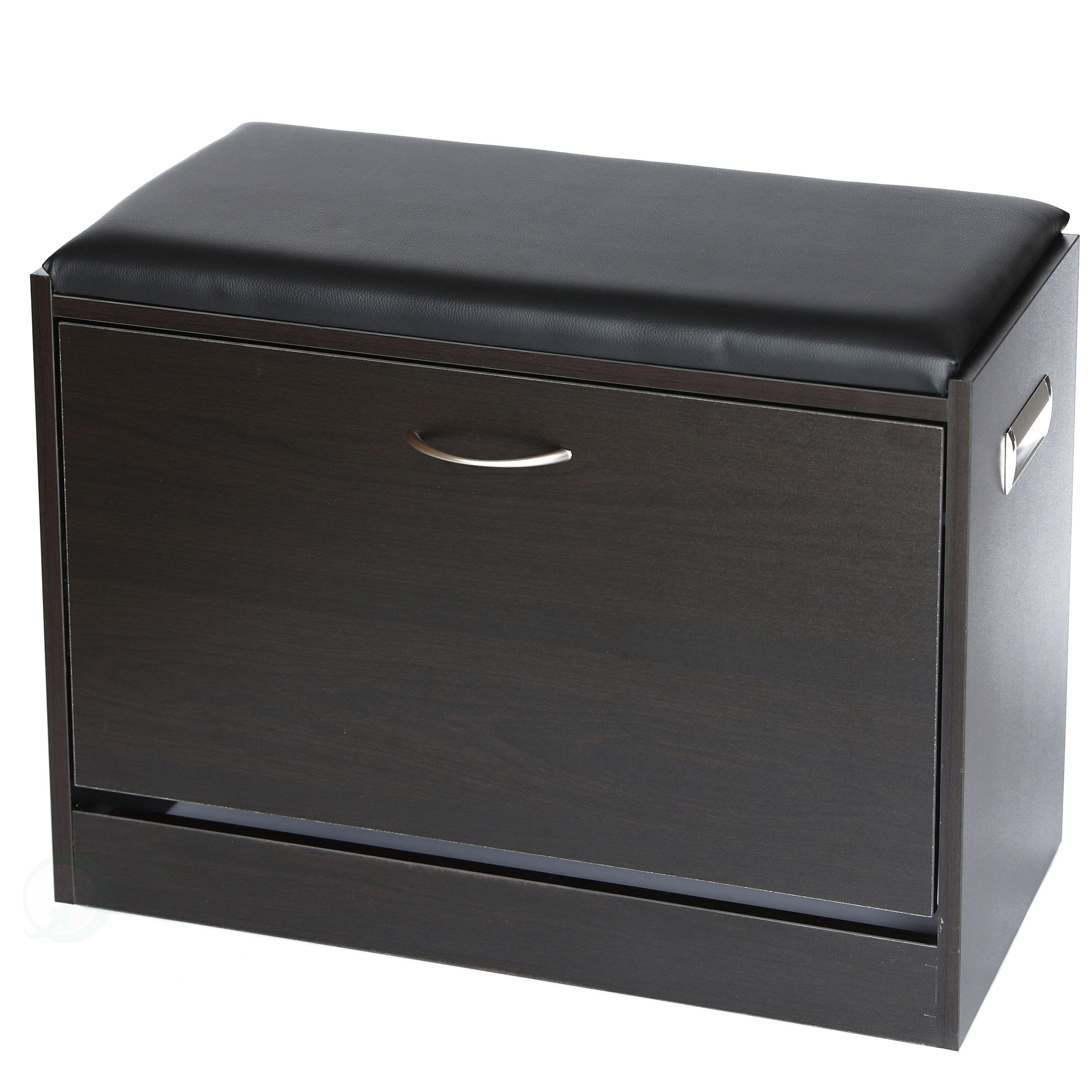 Basicwise Shoe Storage Bench with Leather Cushion – Classic Black Wooden Entryway, Fold-Out Hidden Double Shoe Rack, Easy Assembly, Comfortable Seat, Mudroom & Foyer Organizer