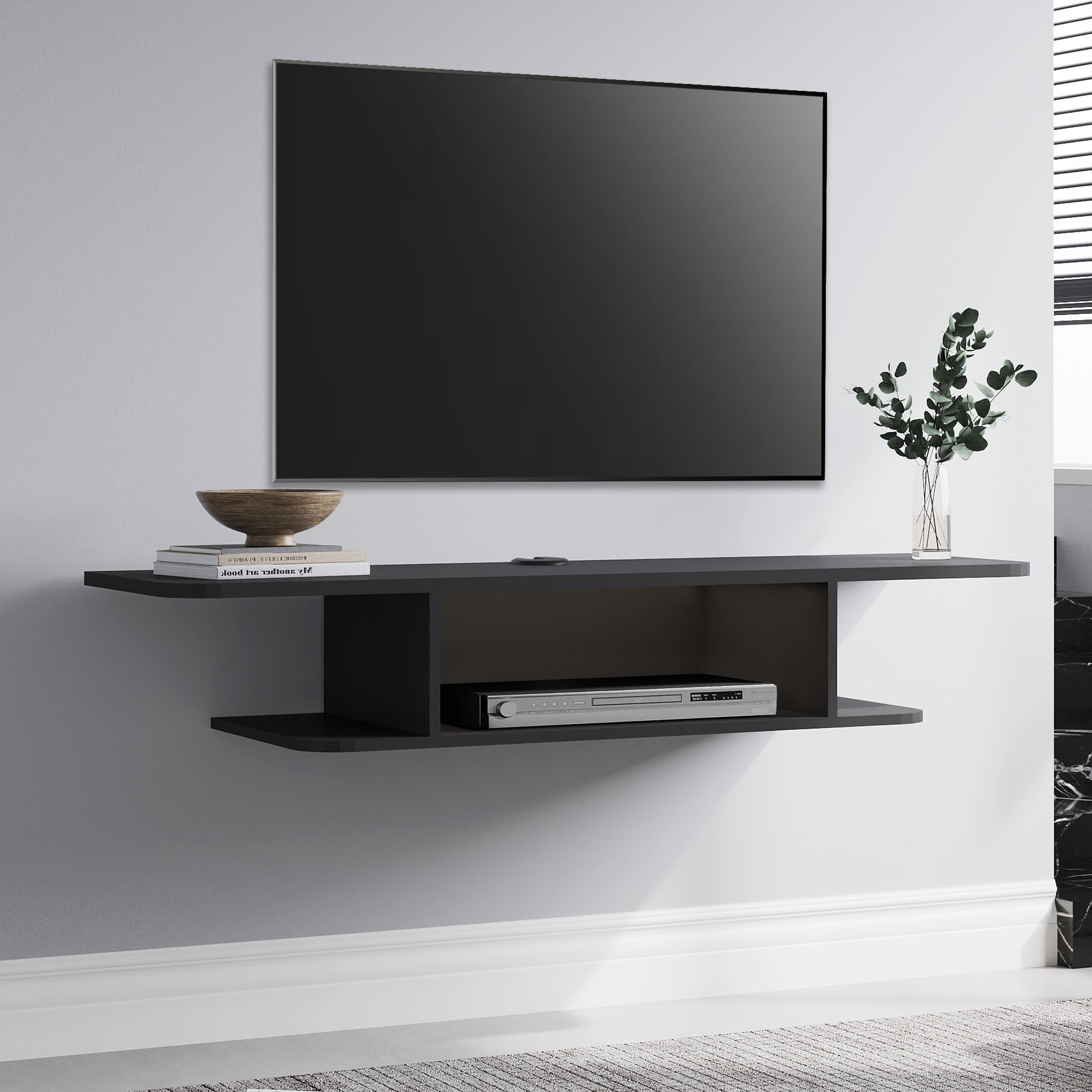 Black Floating Entertainment Center, Wall Mount Cabinet under TV for Living Room