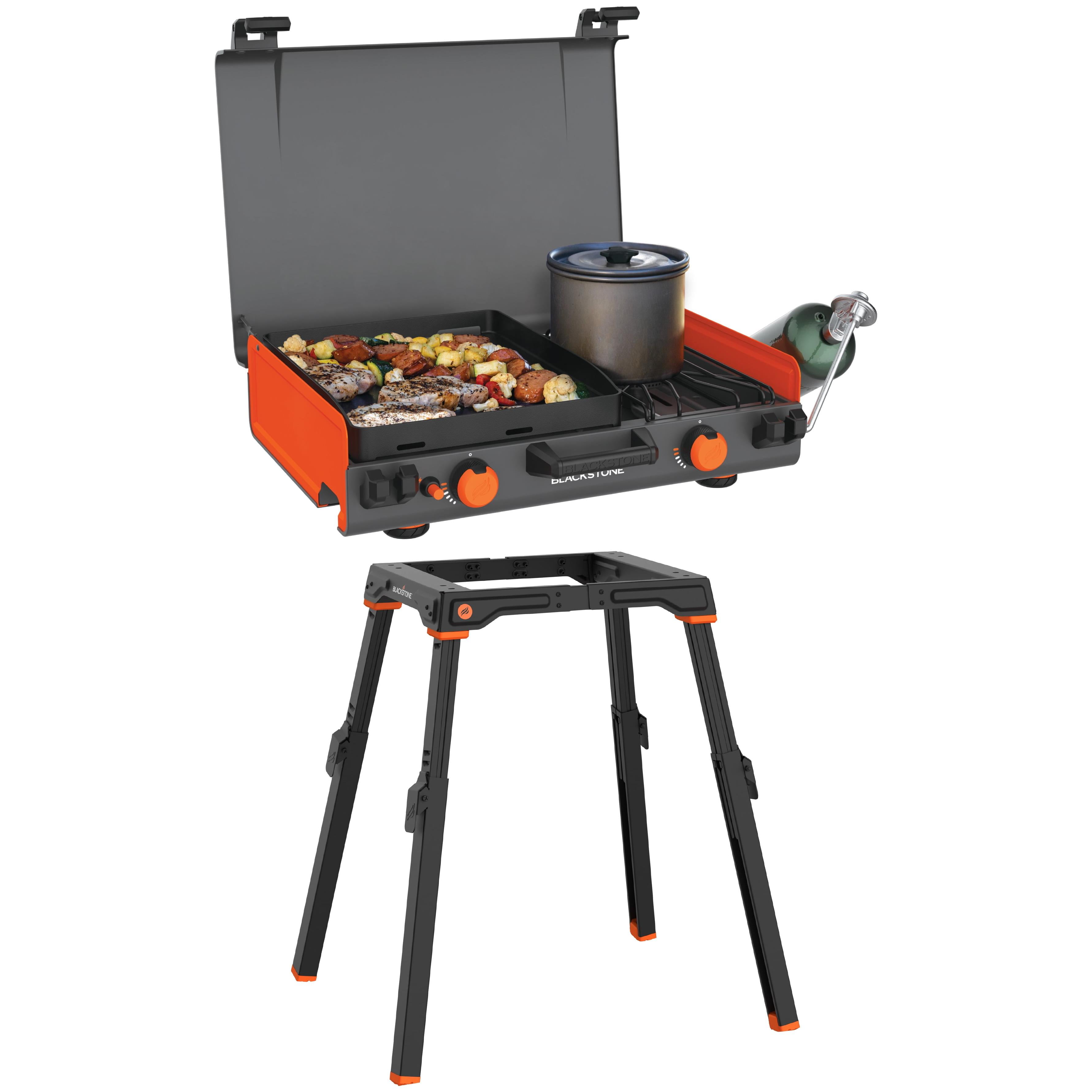 Blackstone Adventure Ready 14” Propane Camping Griddle with Side Burner + Blackstone Griddle Leg Kit with Adjustable Legs and Base, 1-Piece
