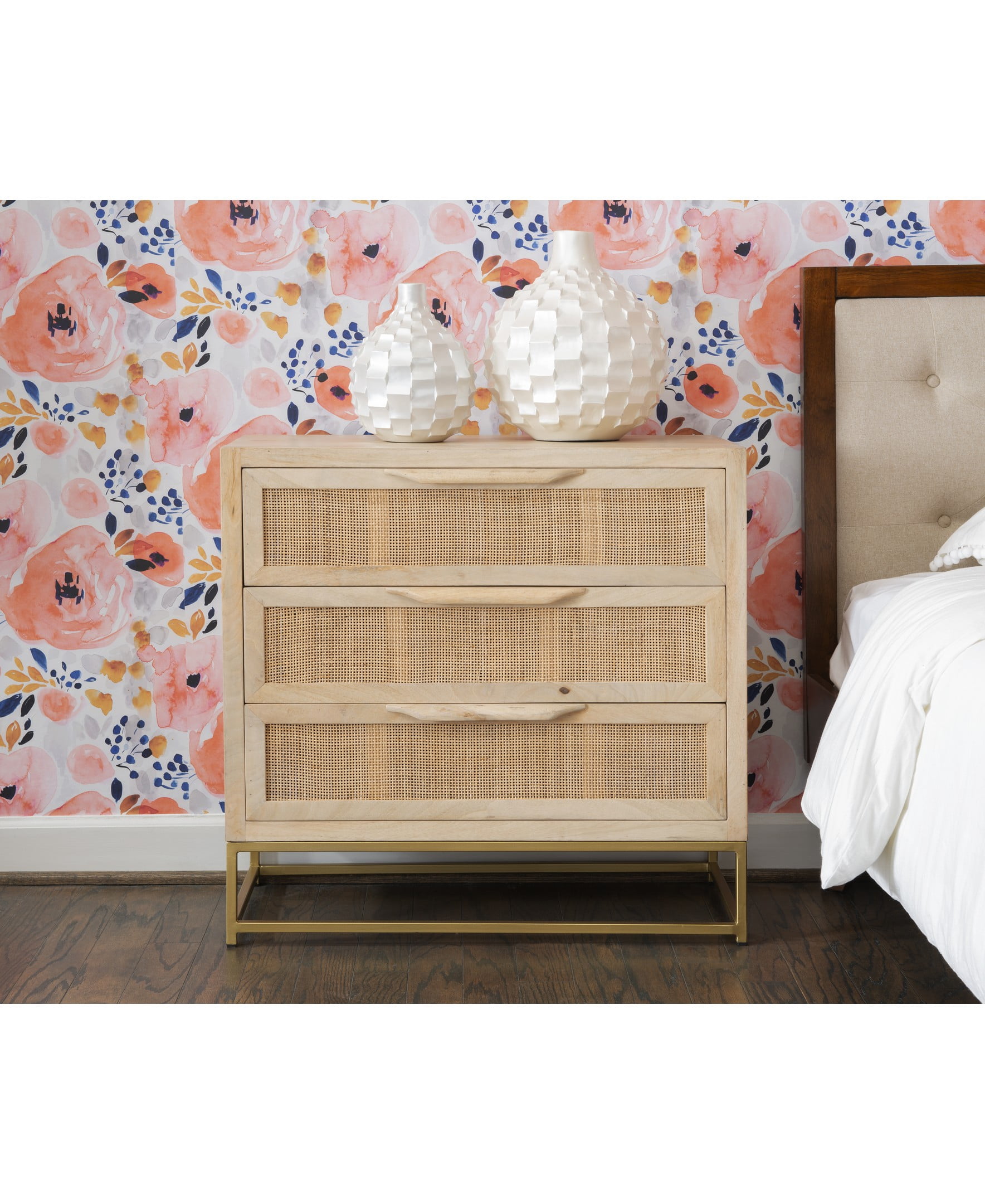 Blair 3-Drawer Rattan Cabinet, Natural and Gold