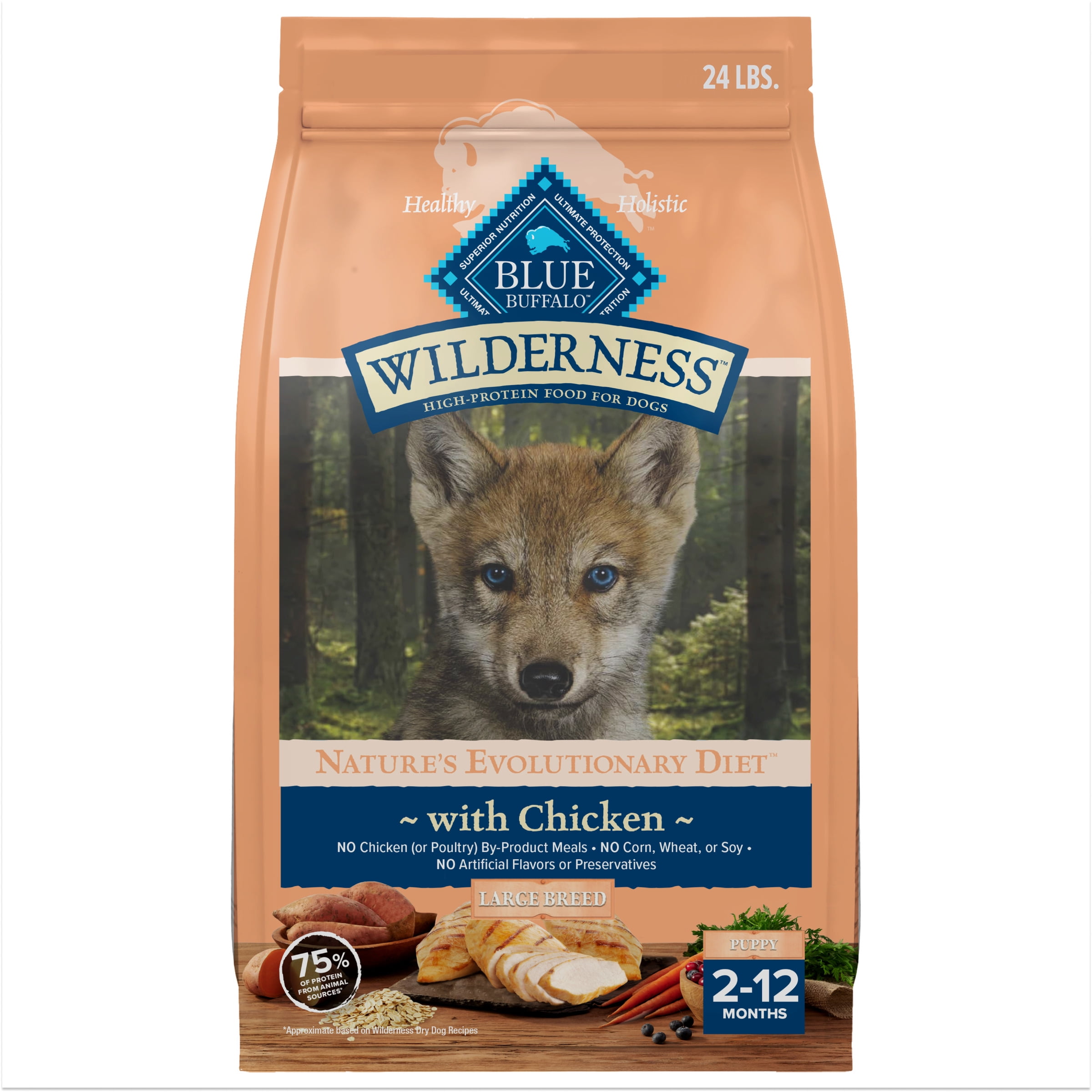 Blue Buffalo Wilderness High-Protein Dry Dog Food for Large Breed Puppies, Chicken, 24 lb bag.