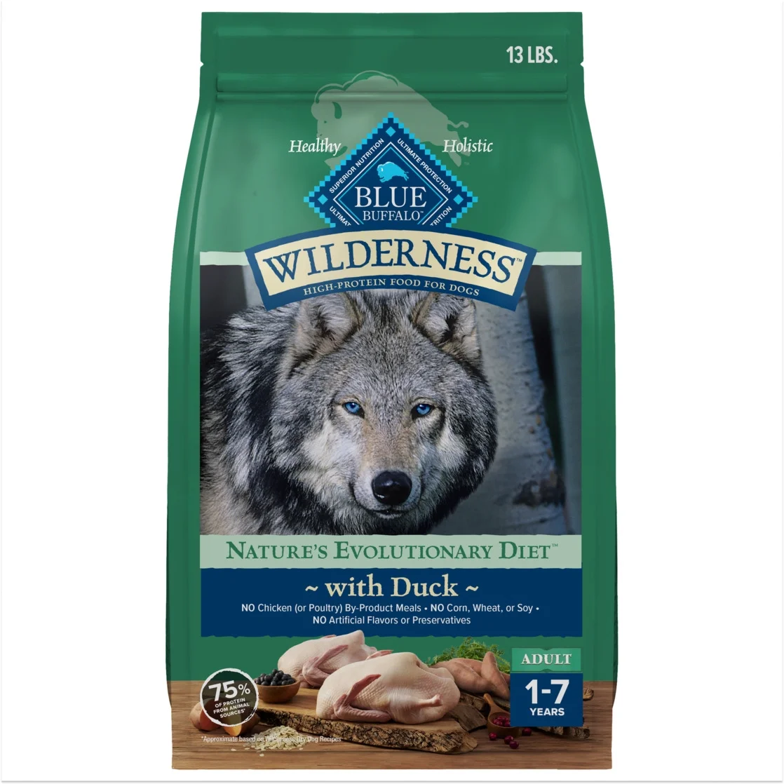 Blue Buffalo Wilderness Natural High-Protein Dry Food for Adult Dogs, Duck, 13-lb bag.