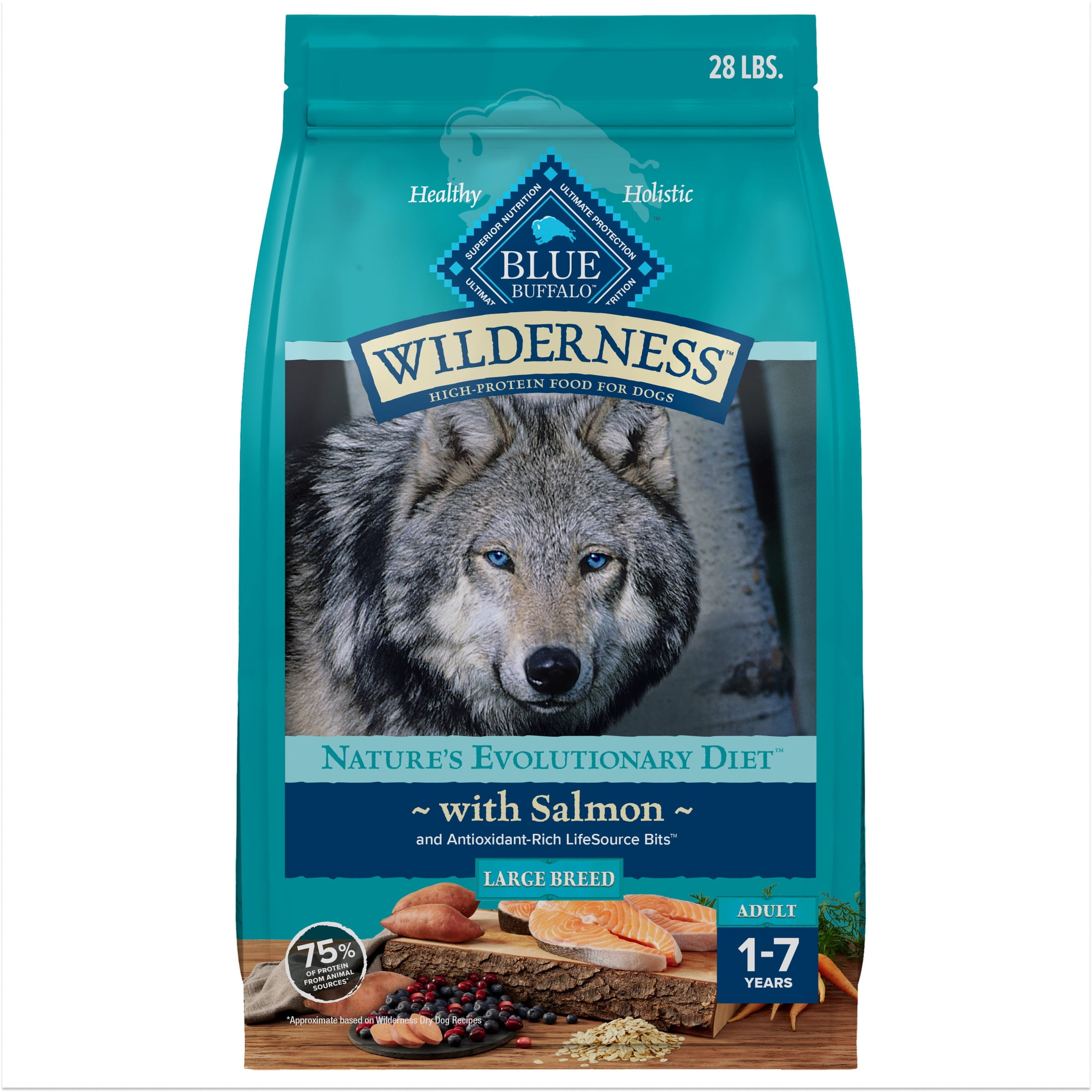Blue Buffalo Wilderness Natural High-Protein Dry Food for Dogs, Salmon, 28-lb bag.