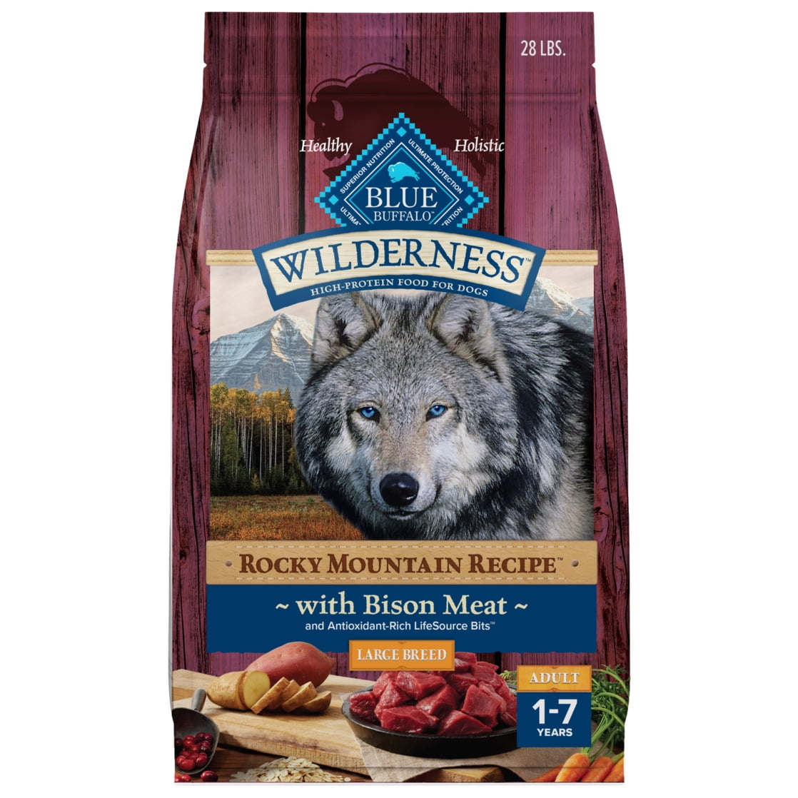 Blue Buffalo Wilderness Natural High-Protein Dry Food for Large Breed Dogs, Bison, 28-lb bag.