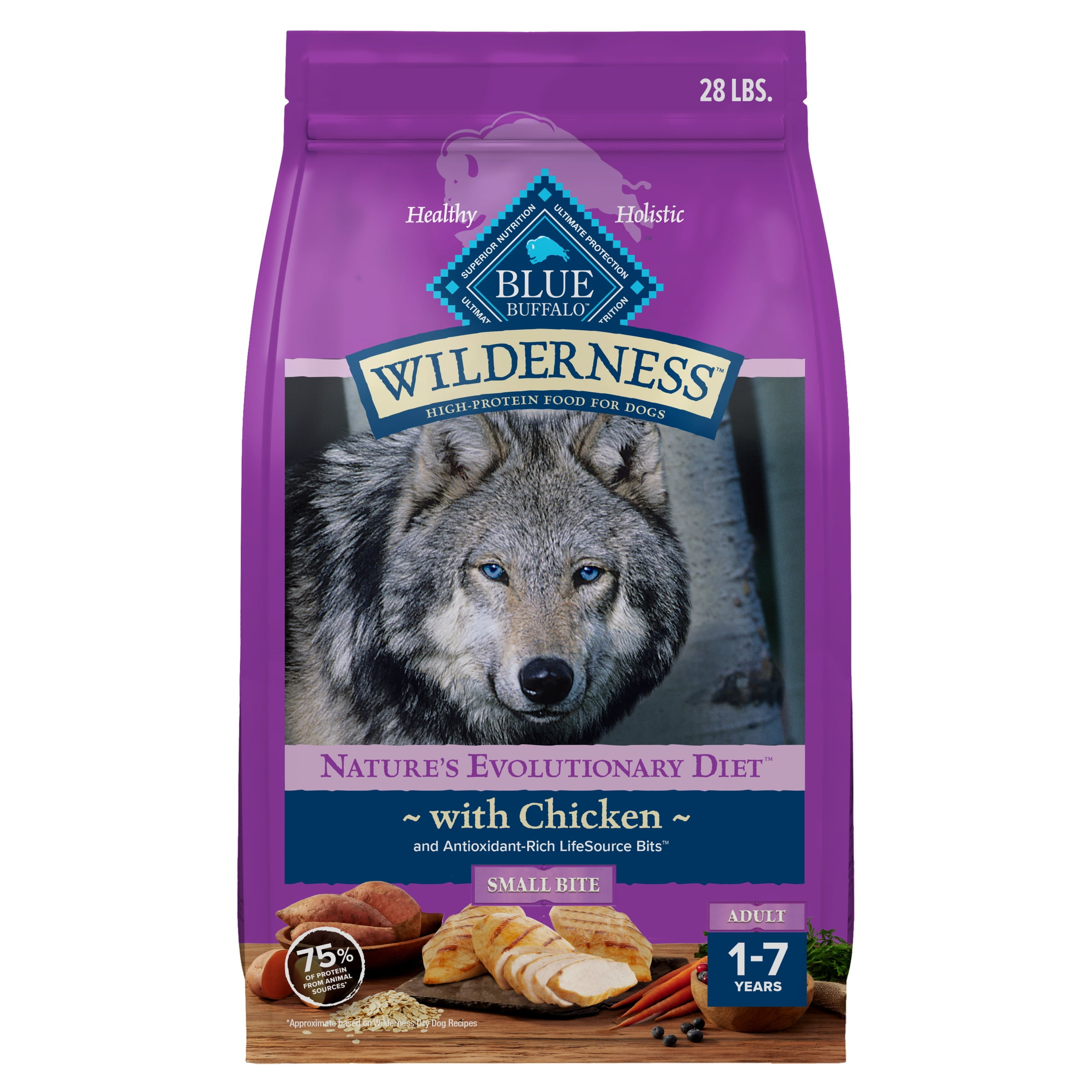 Blue Buffalo Wilderness Natural High-Protein, Small-Bite Dry Food for Adult Dogs, Chicken, 28-lb bag.