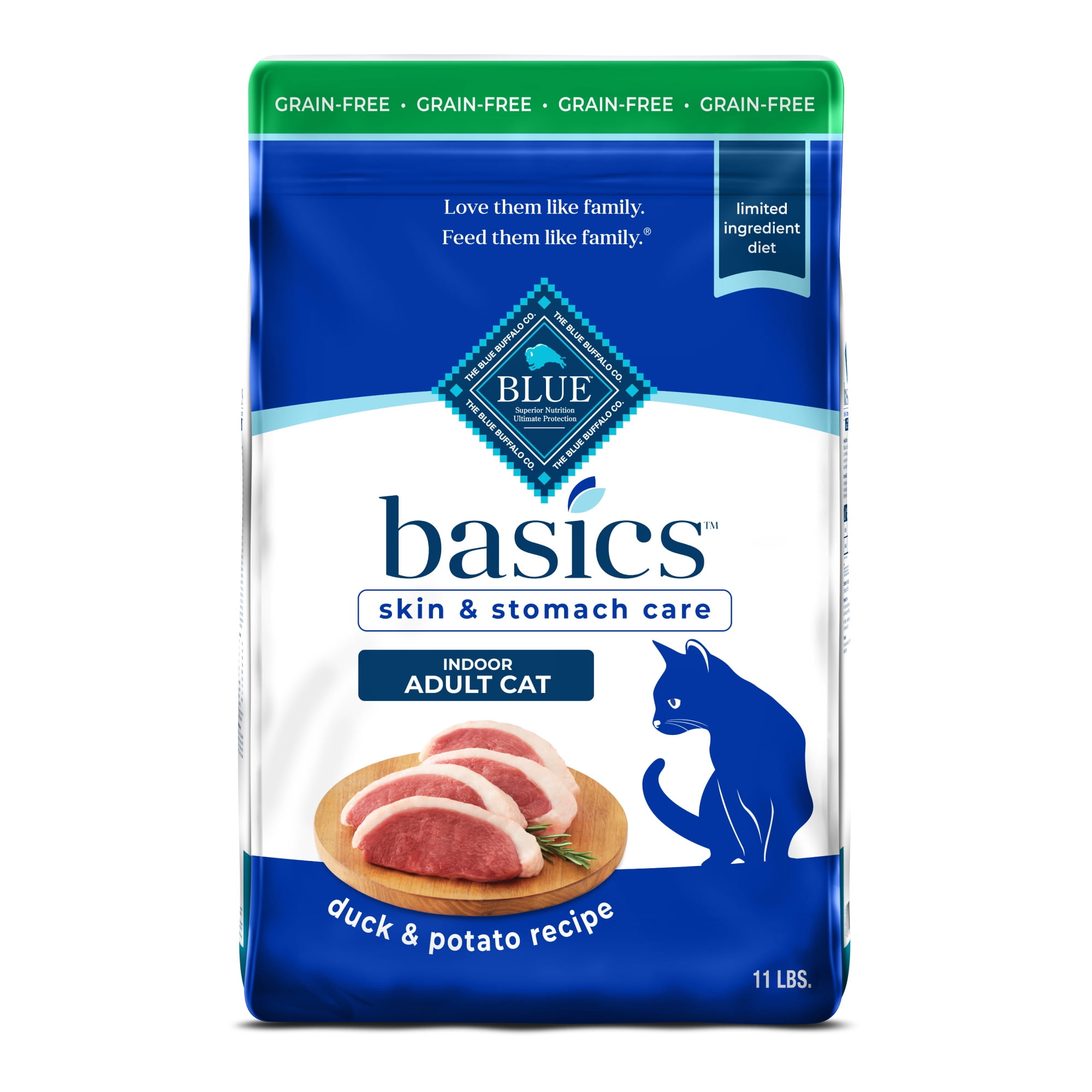 Blue Buffalo Basics Grain-Free Dry Cat Food Skin & Stomach Care, Duck & Potato, 11-lb. Bag