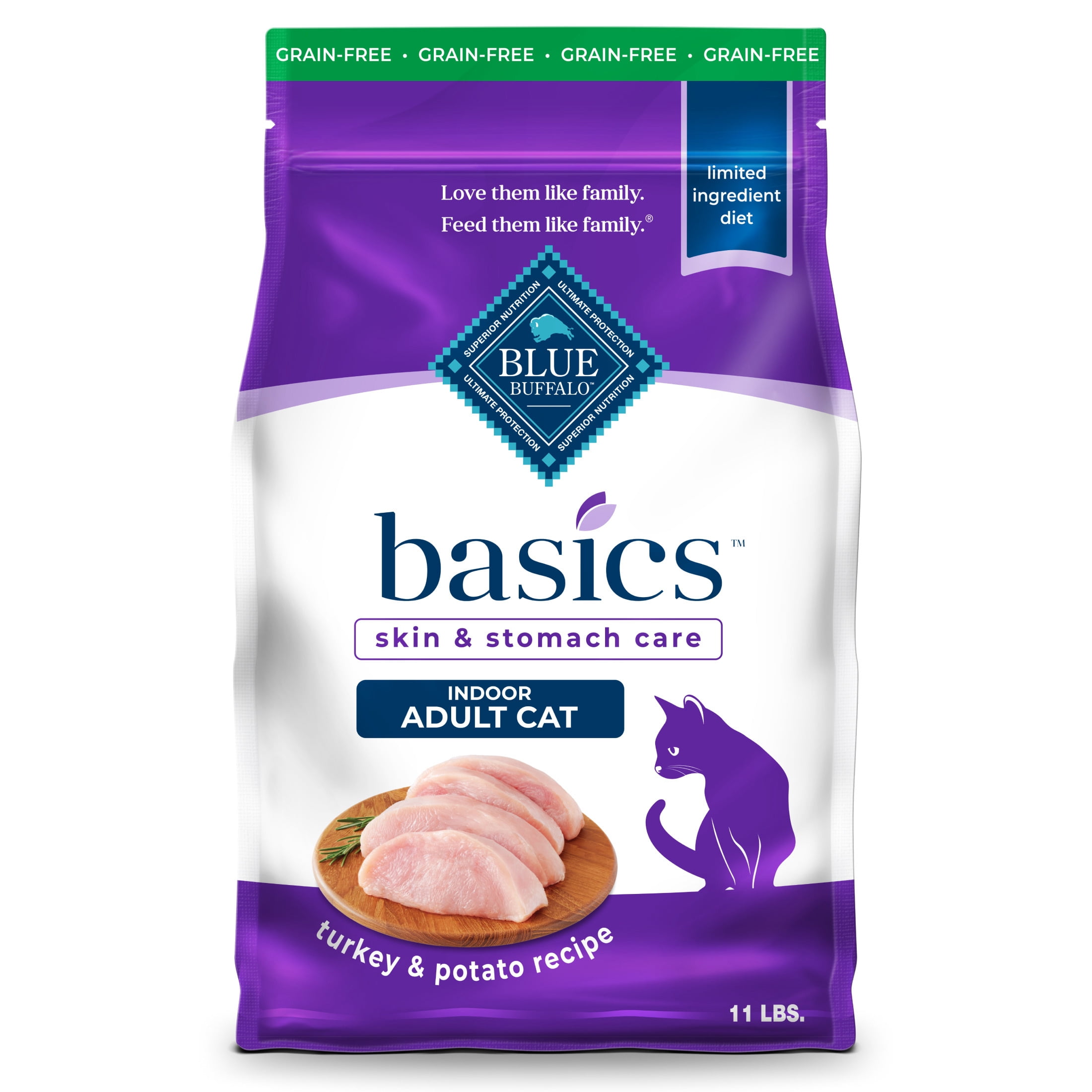 Blue Buffalo Basics Grain-Free Dry Cat Food Skin & Stomach Care, Turkey & Potato, 11-lb. Bag
