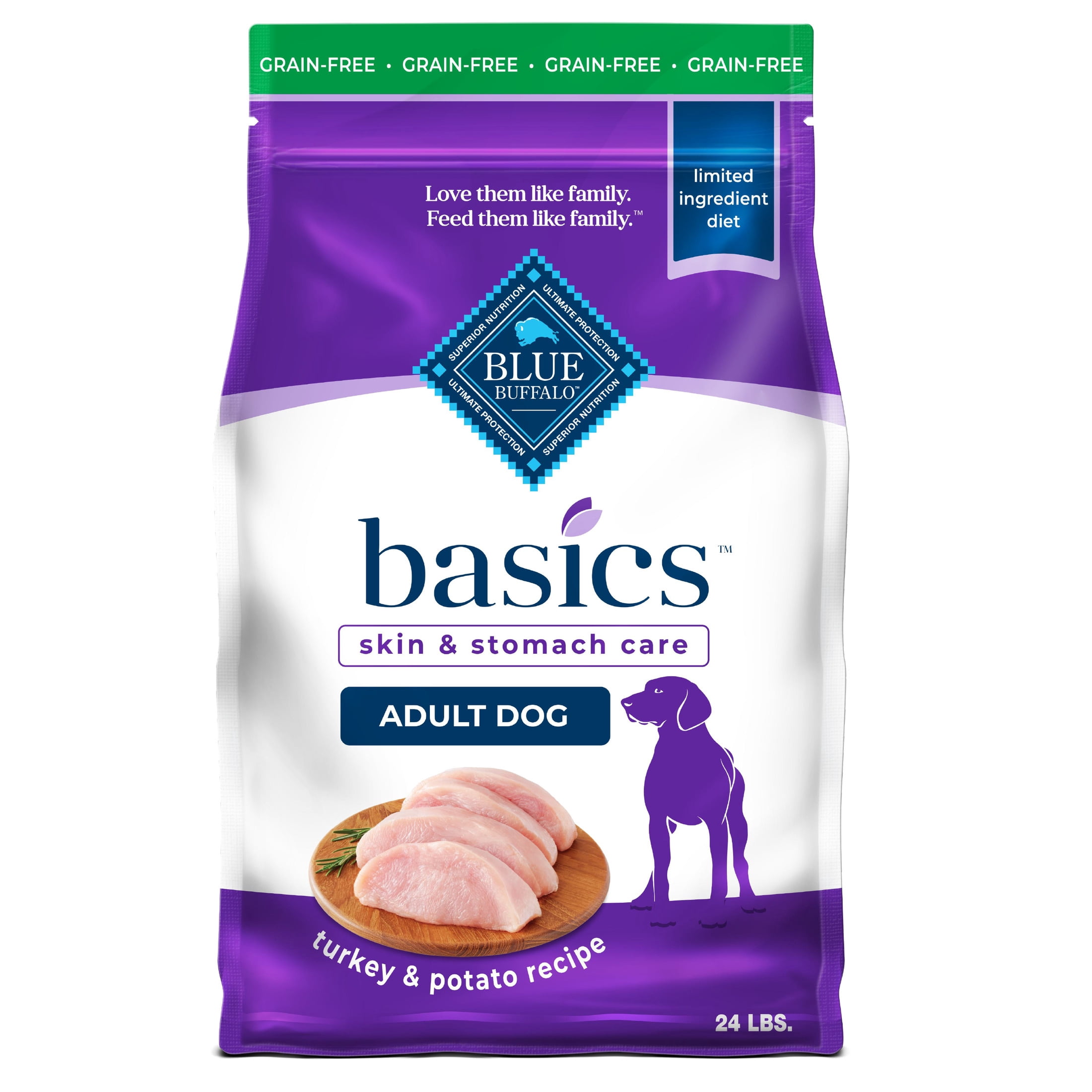 Blue Buffalo Basics Grain-Free Adult Dry Dog Food, Skin & Stomach Care, Turkey, 24lb Bag