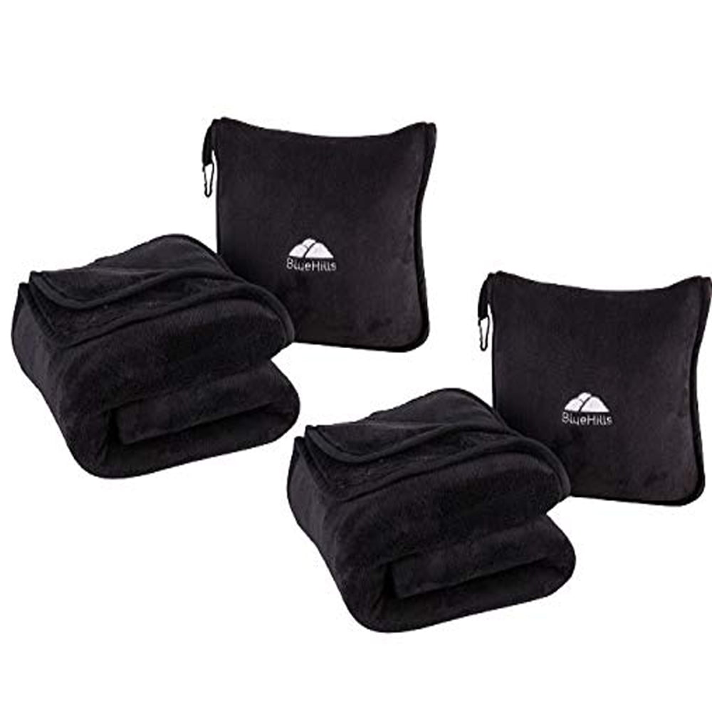 BlueHills Premium Soft Travel Blanket Pillow Airplane Throw 2-Pack -Black