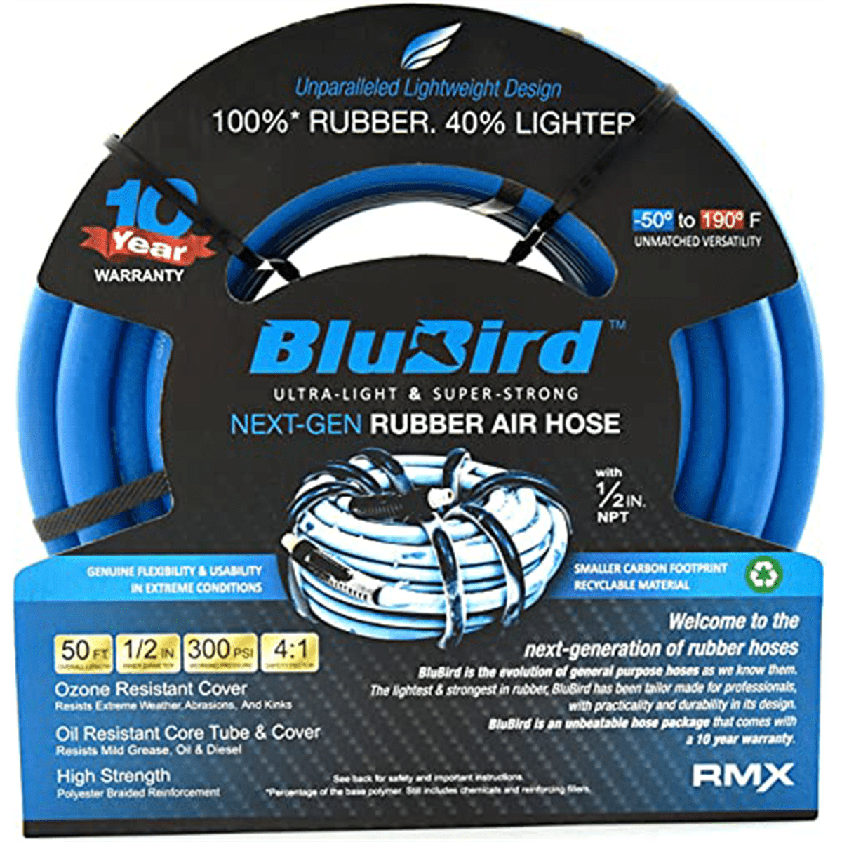 BluBird BB1250 1/2" x 50' Lightweight Polyester Braided Rubber Air Hose