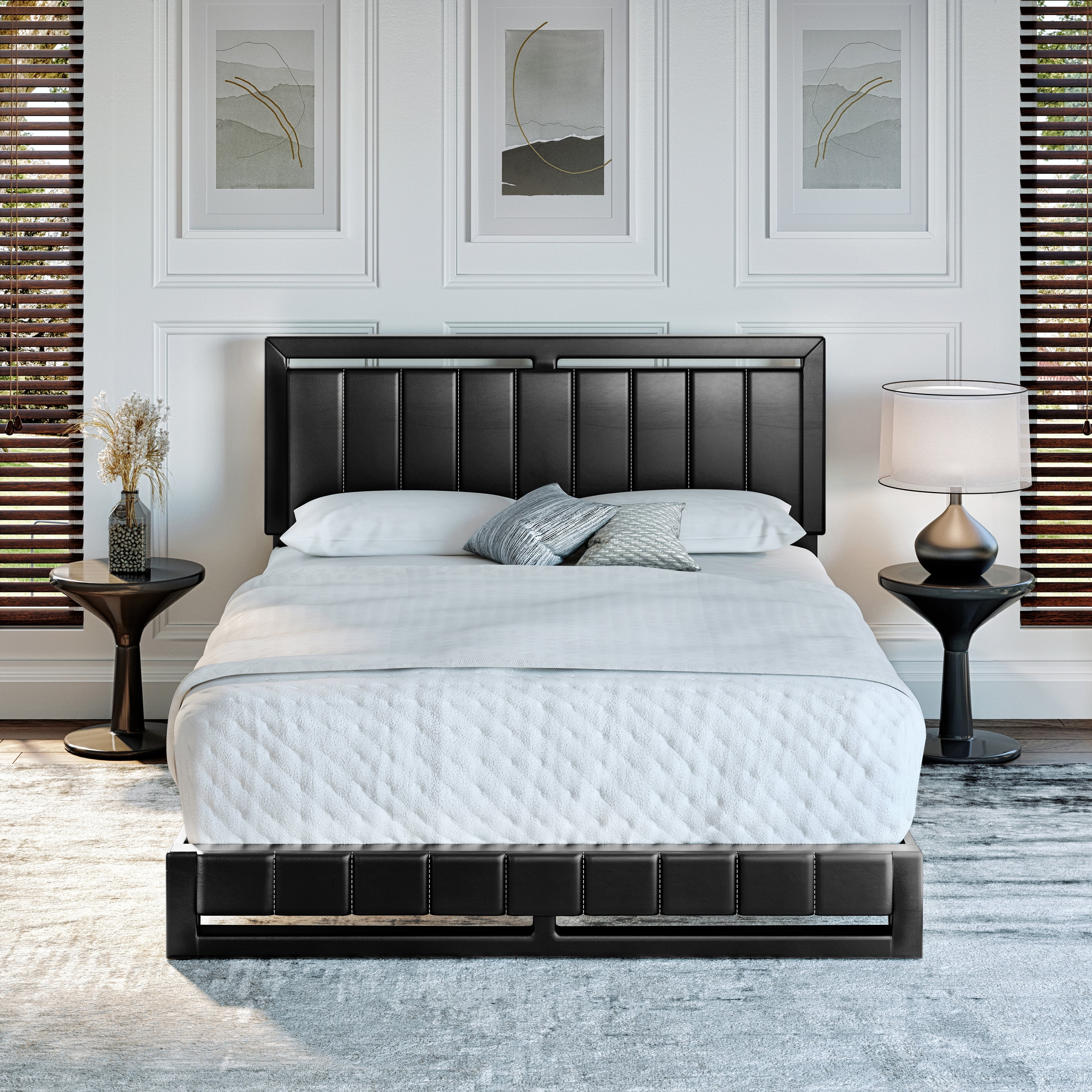 Boyd Sleep Beaumont Black Faux Leather Queen Size Fully Upholstered Platform Bed Frame with Adjustable Headboard