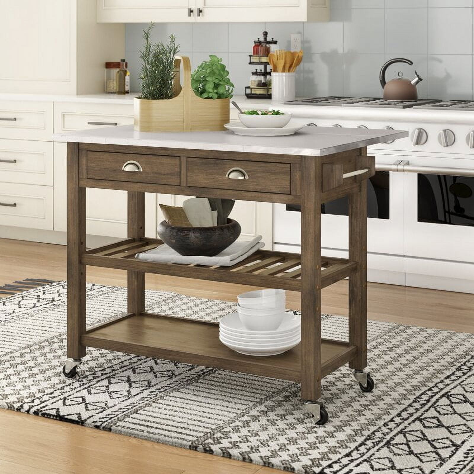 Boraam Sonoma 45"W Drop Leaf Wood Kitchen Cart with Stainless Steel Top - Barnwood Wire-Brush Finish