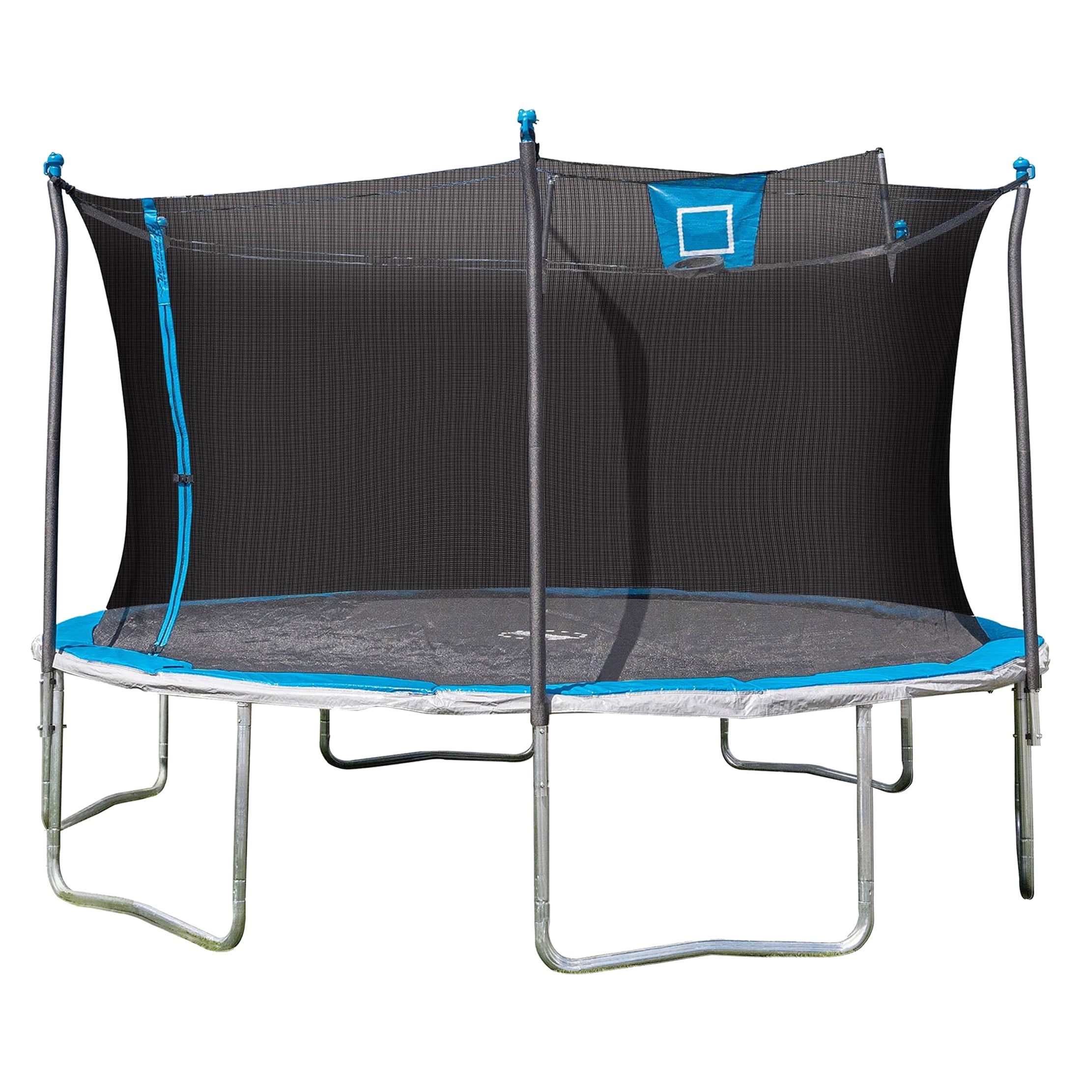 Sportspower Bounce Pro 14' Round Trampoline with Skyslam Basketball Station and Safety-Enclosure in Blue and Silver