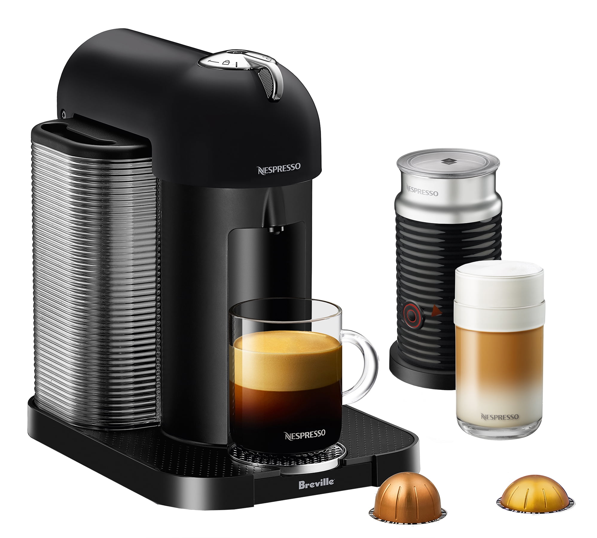 Nespresso Vertuo Coffee & Espresso Single-Serve Machine in Matte Black and Aeroccino Milk Frother in Black, BNV250BKM1BUC1