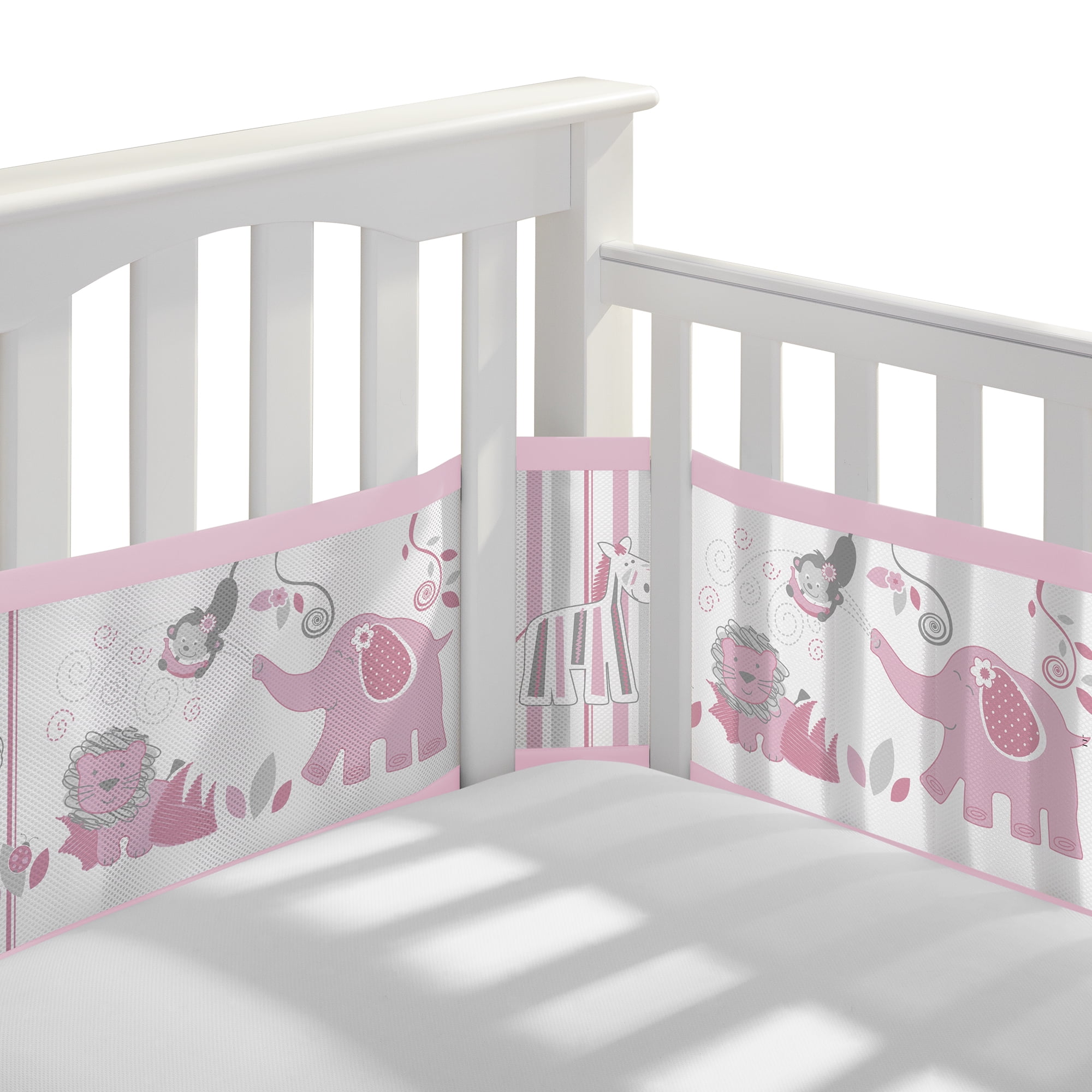 BreathableBaby Breathable Mesh Liner for Full-Size Cribs, Classic 3mm Mesh, Safari Fun Pink (Size 4FS Covers 3 or 4 Sides)
