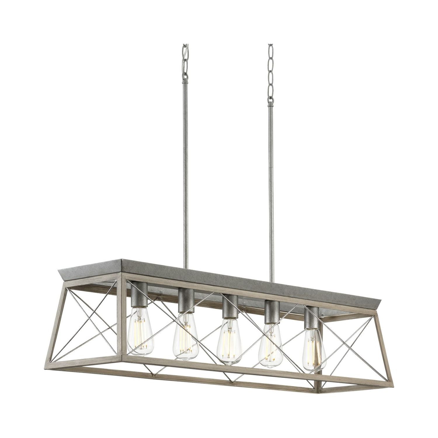 Briarwood Collection Five-Light Galvanized and Bleached Oak Farmhouse Style Linear Island Chandelier Light