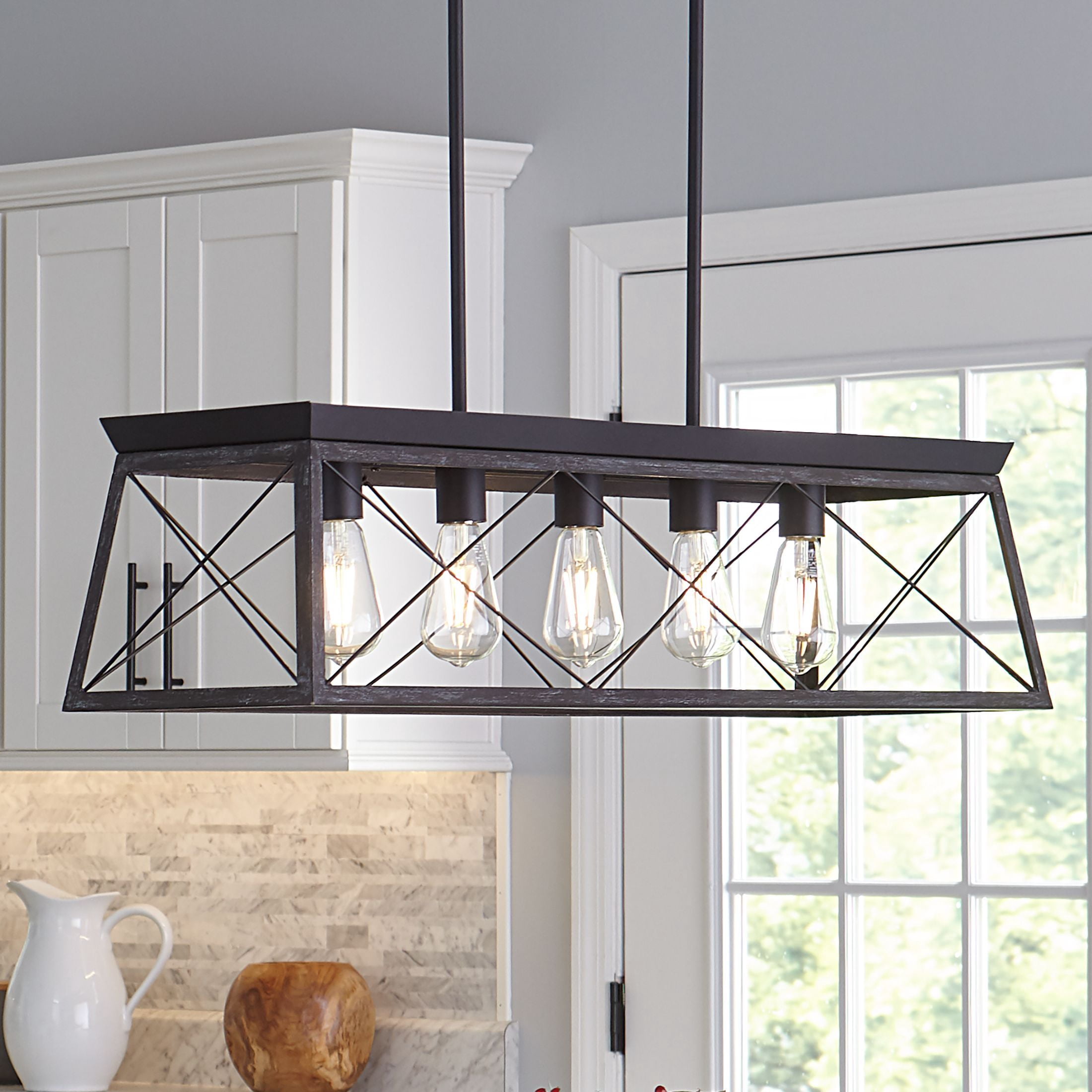 Briarwood Collection Five-Light Textured and Cerused Black Farmhouse Style Linear Island Chandelier Light