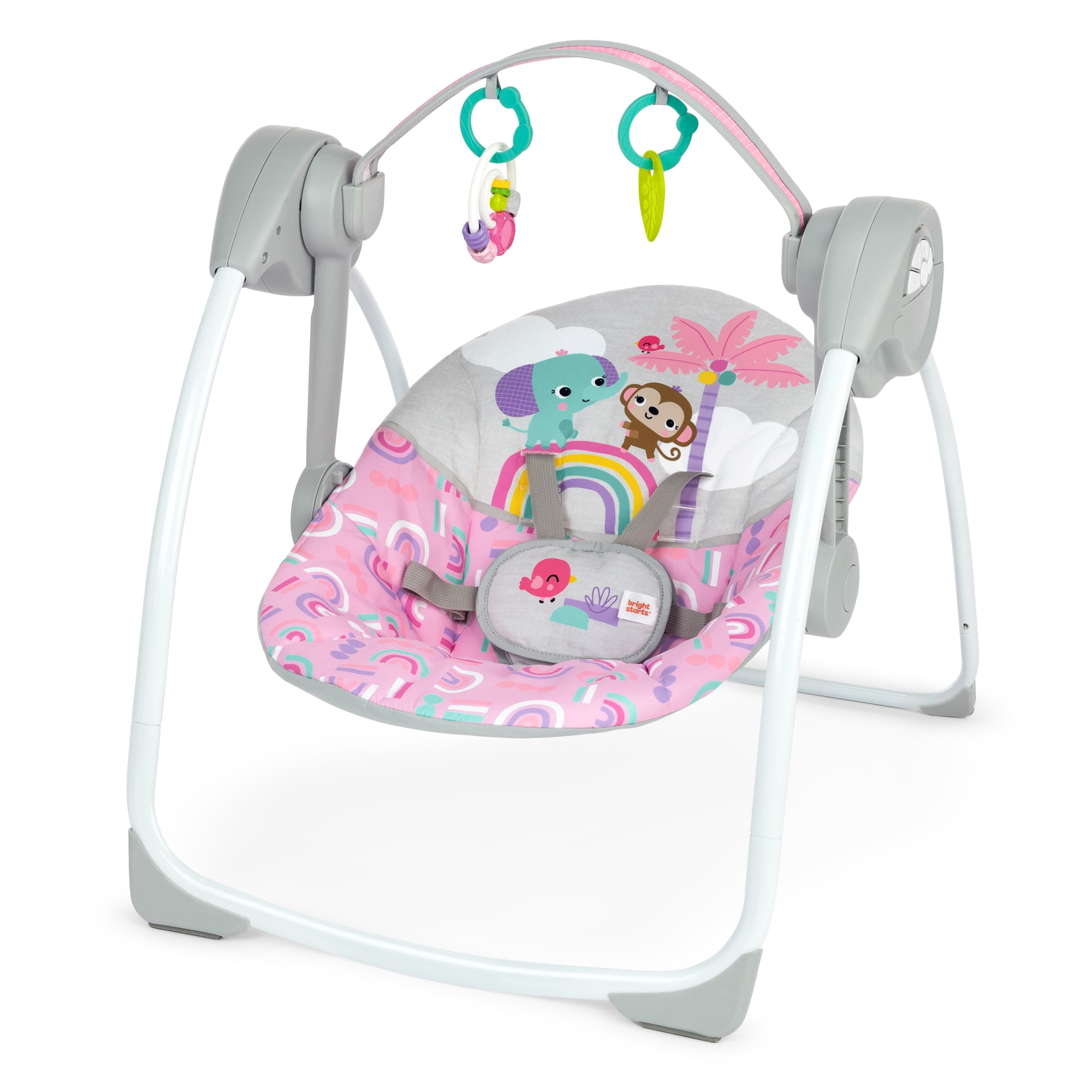 Bright Starts Pink Paradise Portable Compact Baby Swing with Toys, Unisex, Newborn +