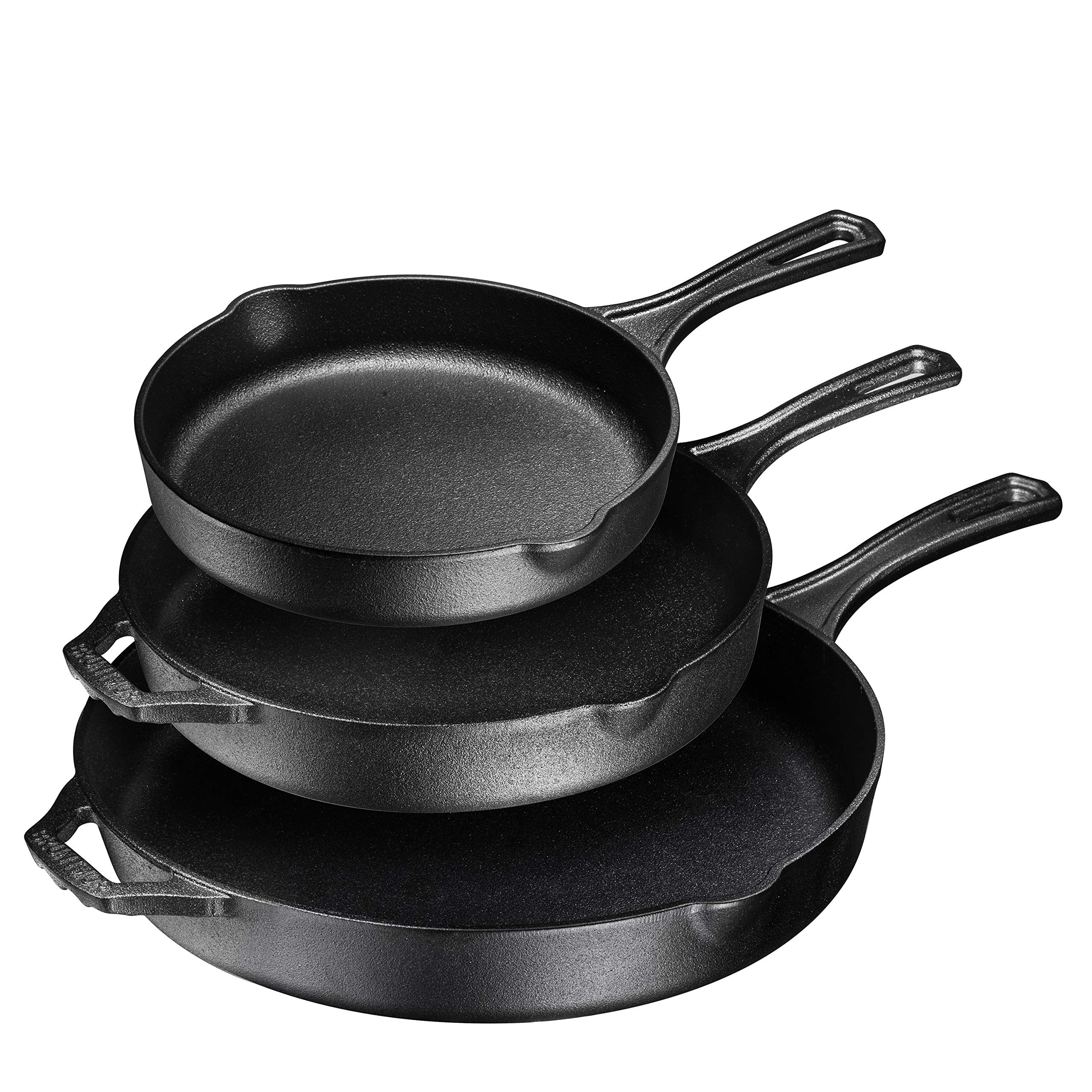 Bruntmor Pre-seasoned Cast Iron Frying Pan Set of 3 - 8, 10, and 12 Inches - Nonstick Cookware with Side Drip Lips - Black - Grill Pan, Cast Iron Pan Set, Braisers Pan