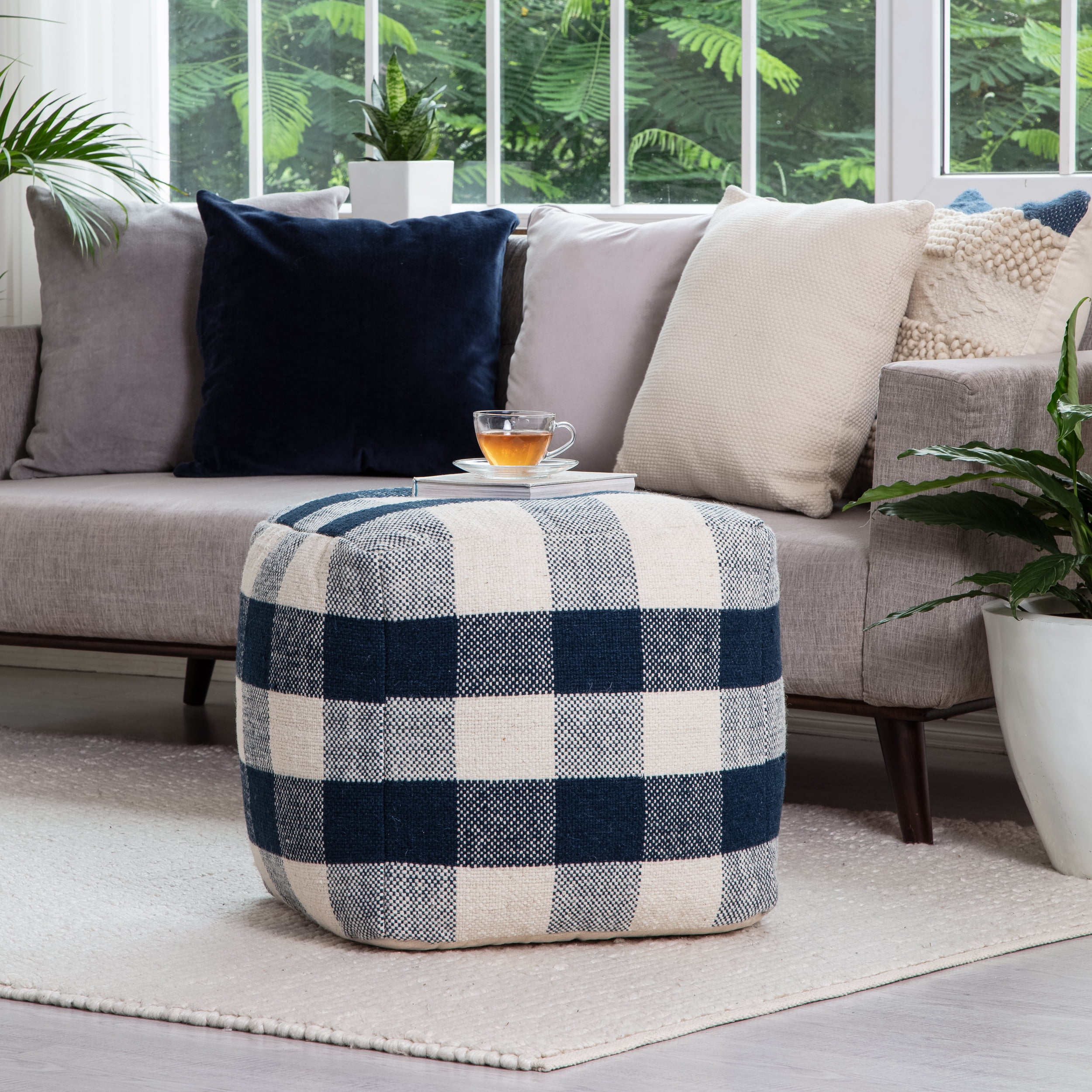 Buffalo Plaid 20" Square Pouf Ottoman Midnight Blue and Ivory