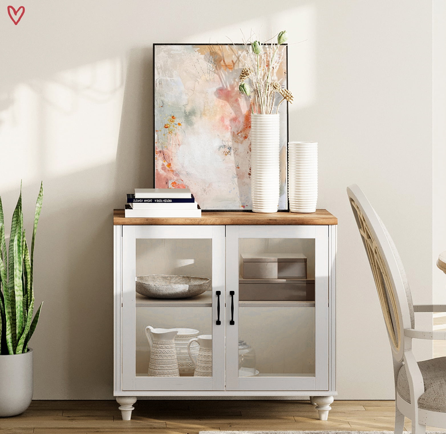 Buffet Cabinet with Glass Door, Kitchen Sideboard with 2 Storage & Adjustable Shelf, Modern Glass Entryway Table or Living Room Dining Room, White