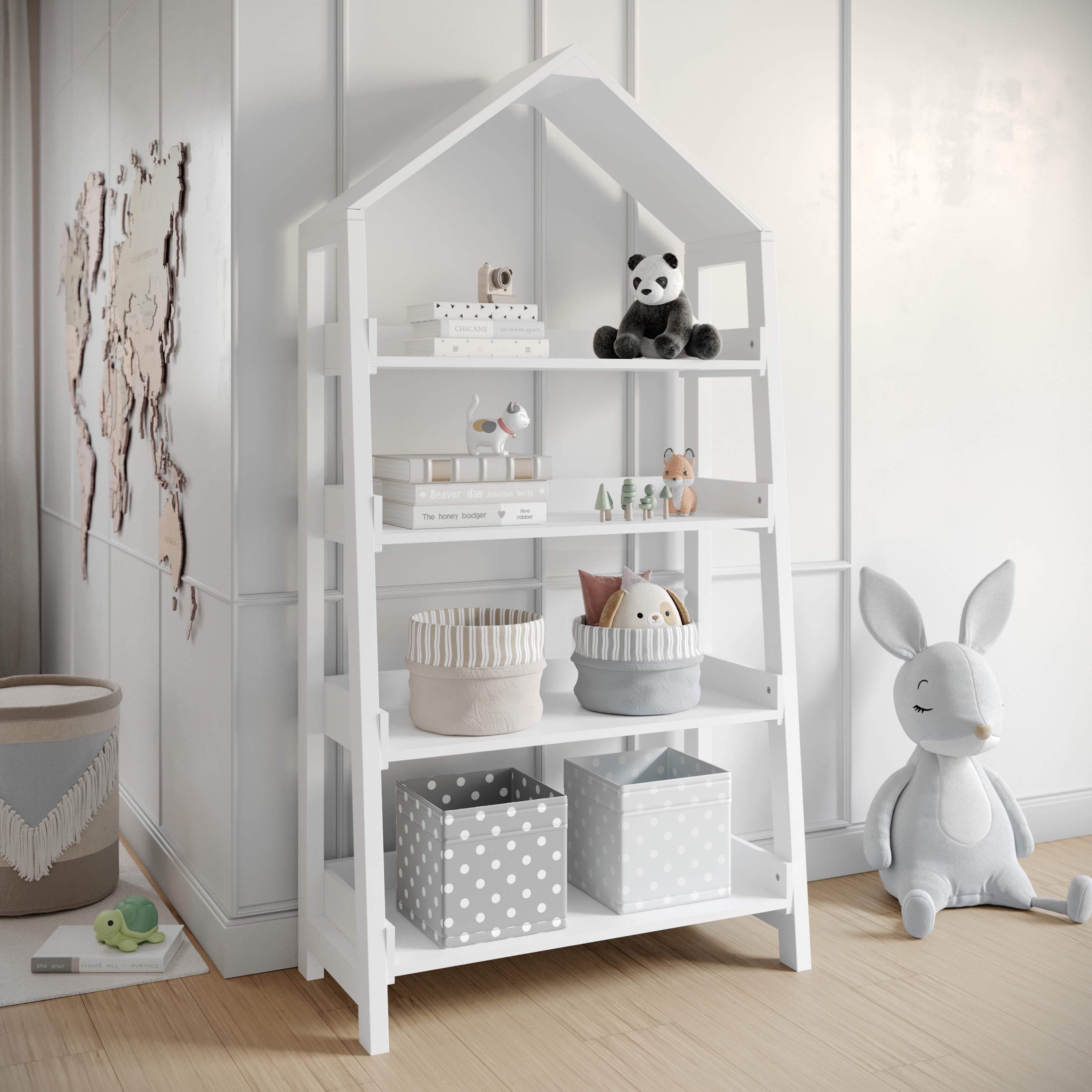 Buzz & Bloom Kids Open-Style Wooden Bookshelf with 4 Shelves and Covered Triangular Top, White