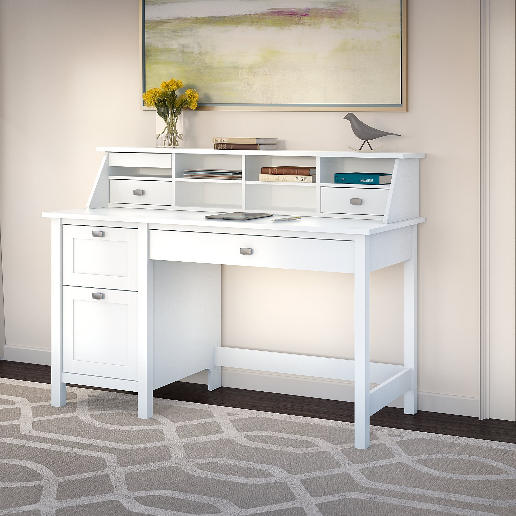 Bush Furniture Broadview 54W Computer Desk with 3 Drawers and Desktop Organizer in Pure White
