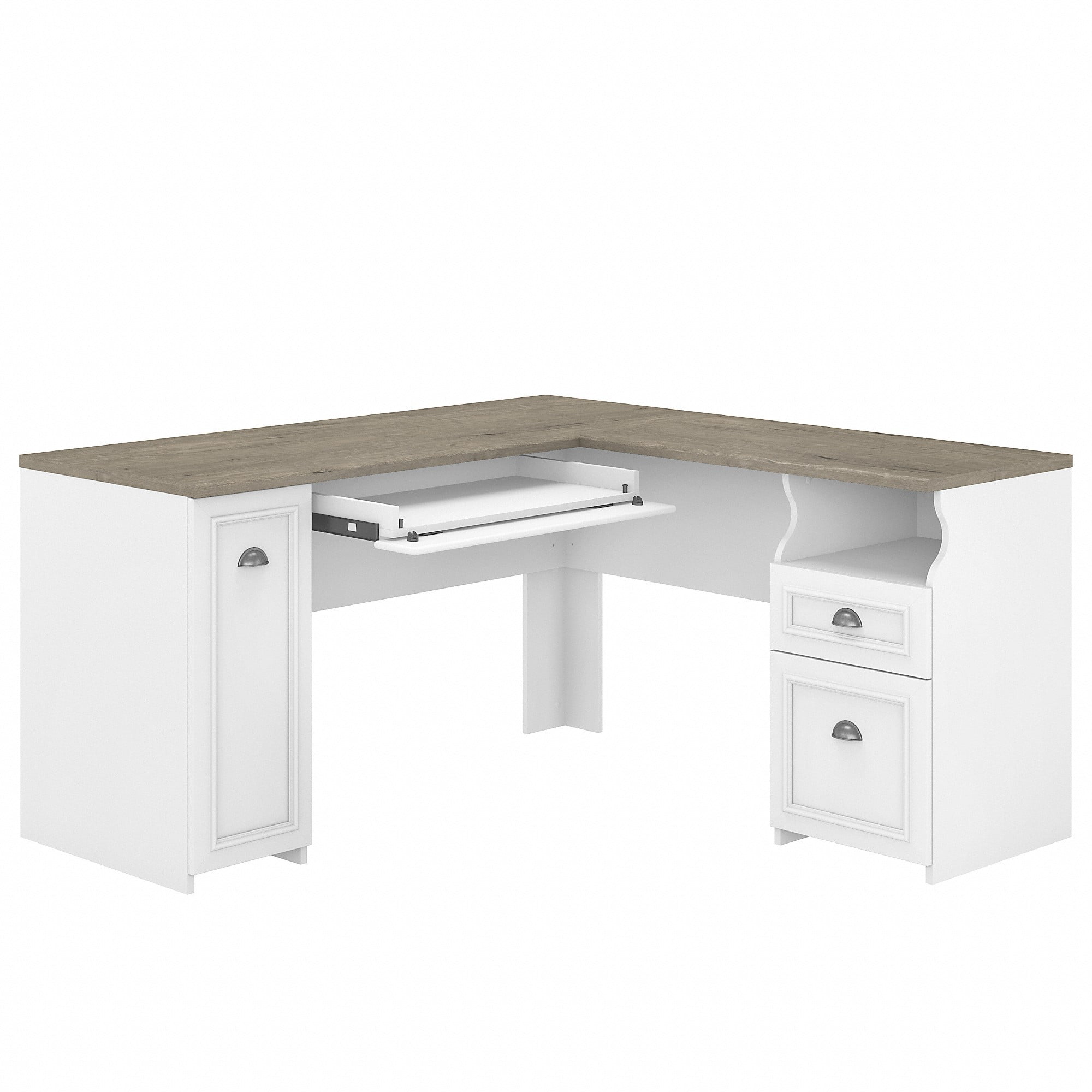 Bush Furniture Fairview 60W L Shaped Desk with Drawers and Storage Cabinet, White/Gray