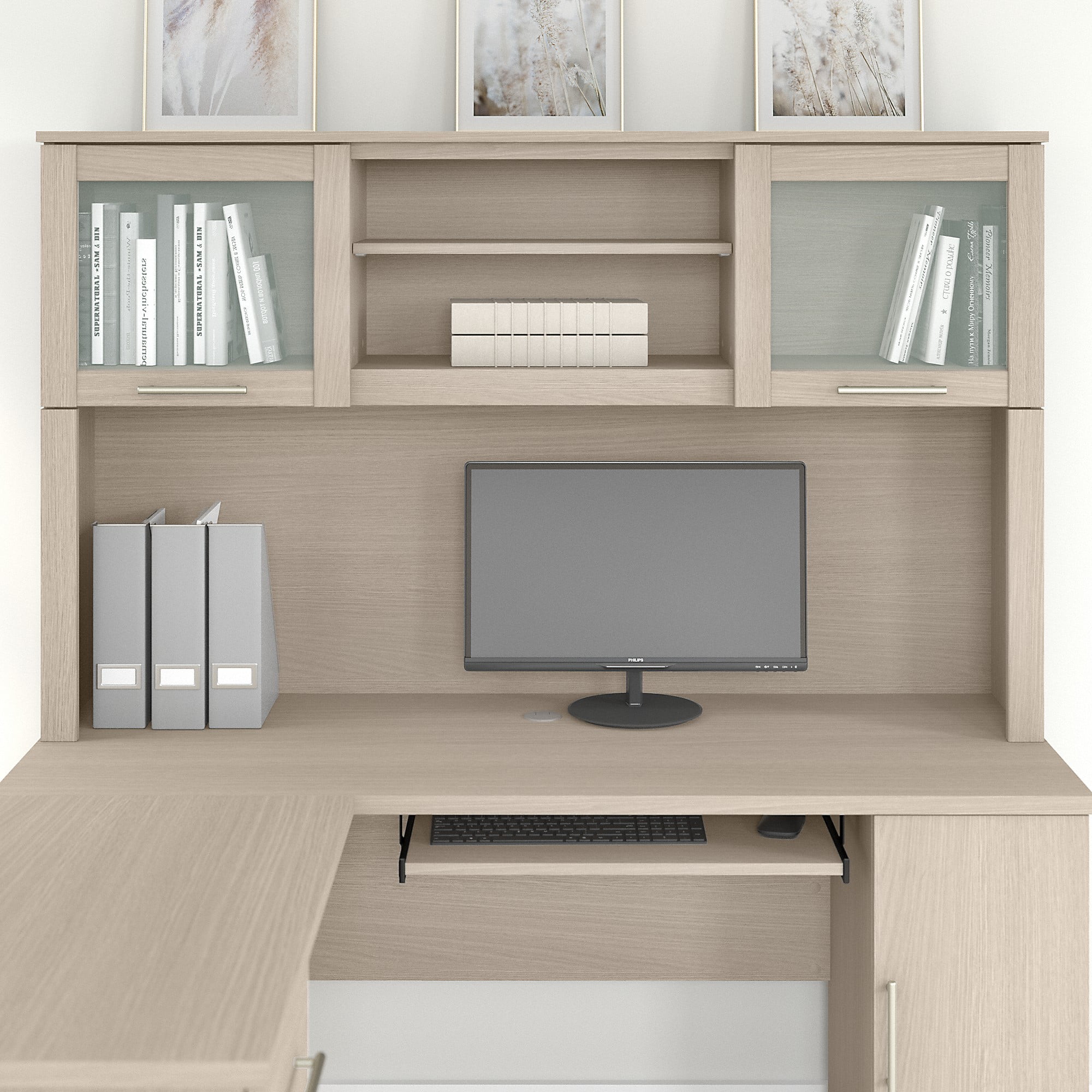 Somerset Modern 60W Desk Hutch with 2 Frosted Doors in Sand Oak (Desk Sold Separately)
