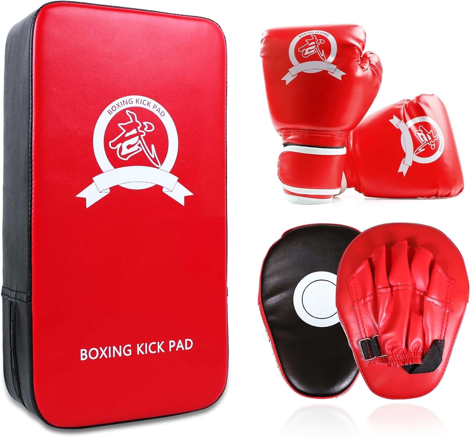 CYFIE Adult Curved Polyurethane (PU) Boxing Gloves Kit with Kick Pad, Punching Mitts for Blocking, Red, 5 Piece