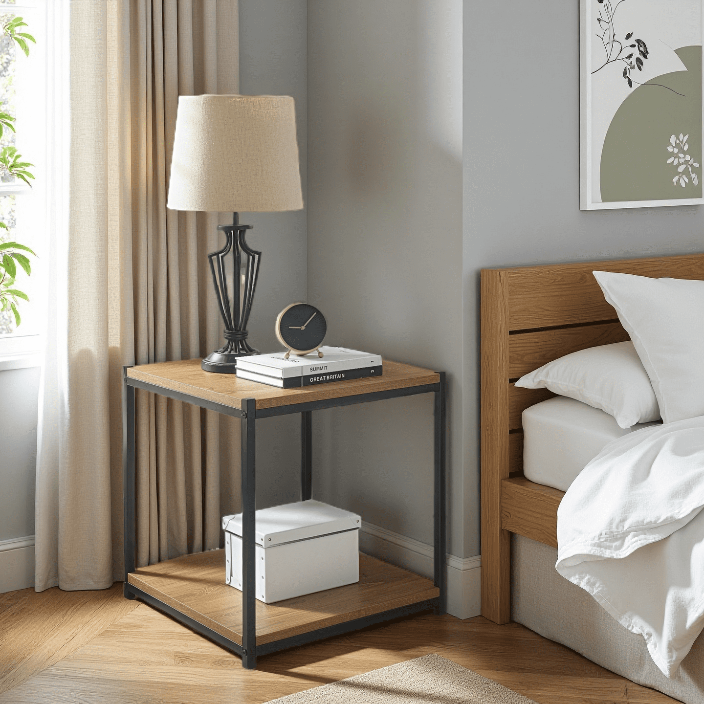 Caffoz Brooklyn Series Farmhouse Rectangle Wood and Metal End Table, Mahogany Brown (Set of 1)